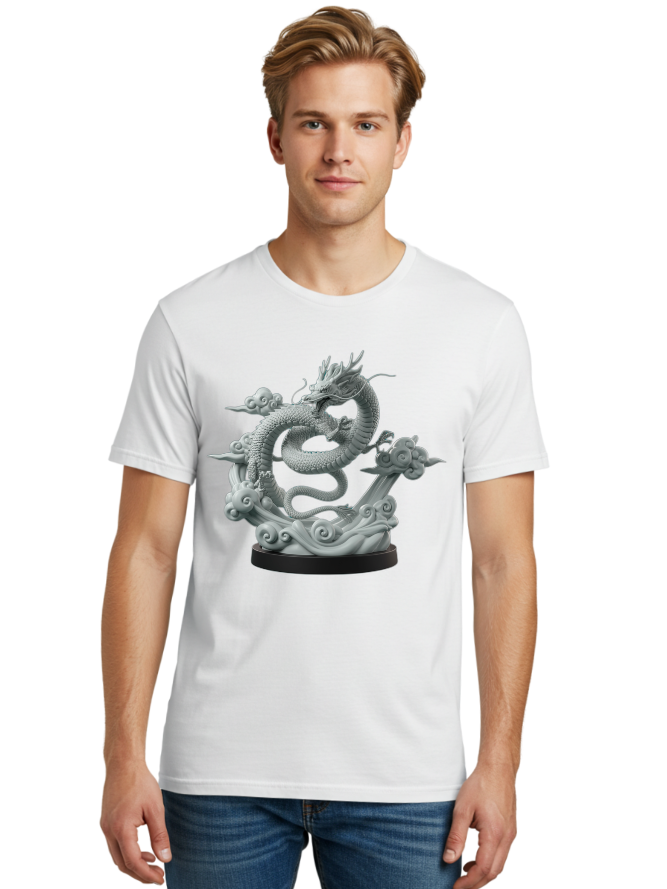 Dragon-Statue Men'S Graphic Tee, 100% Cotton, Comfortable Casual Summer Wear, Machine Washable, Dragon Sculpture, Mythical Creature, Chinese Culture, Figurine, 3D Model, Artistic Design, Symbolic Art, Decorative Figurine, Gray Stone Texture, Bab886