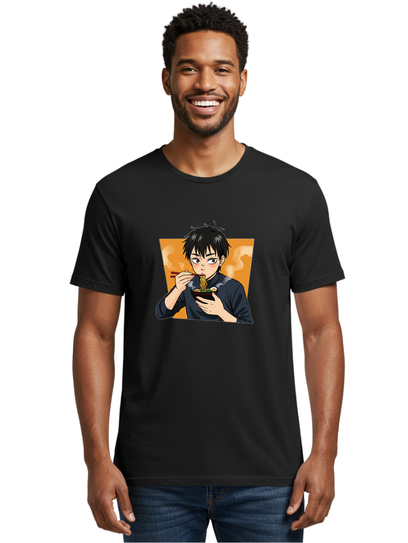 Eating-Ramen Men'S Graphic Tee, 100% Cotton, Comfortable Casual Summer Wear, Machine Washable, Anime Boy Eating Ramen, Steaming Hot Noodles, Chopsticks, Delicious Meal, Japanese Cuisine, Cartoon Style, Appetizing Food, Ramen Lover Bab887