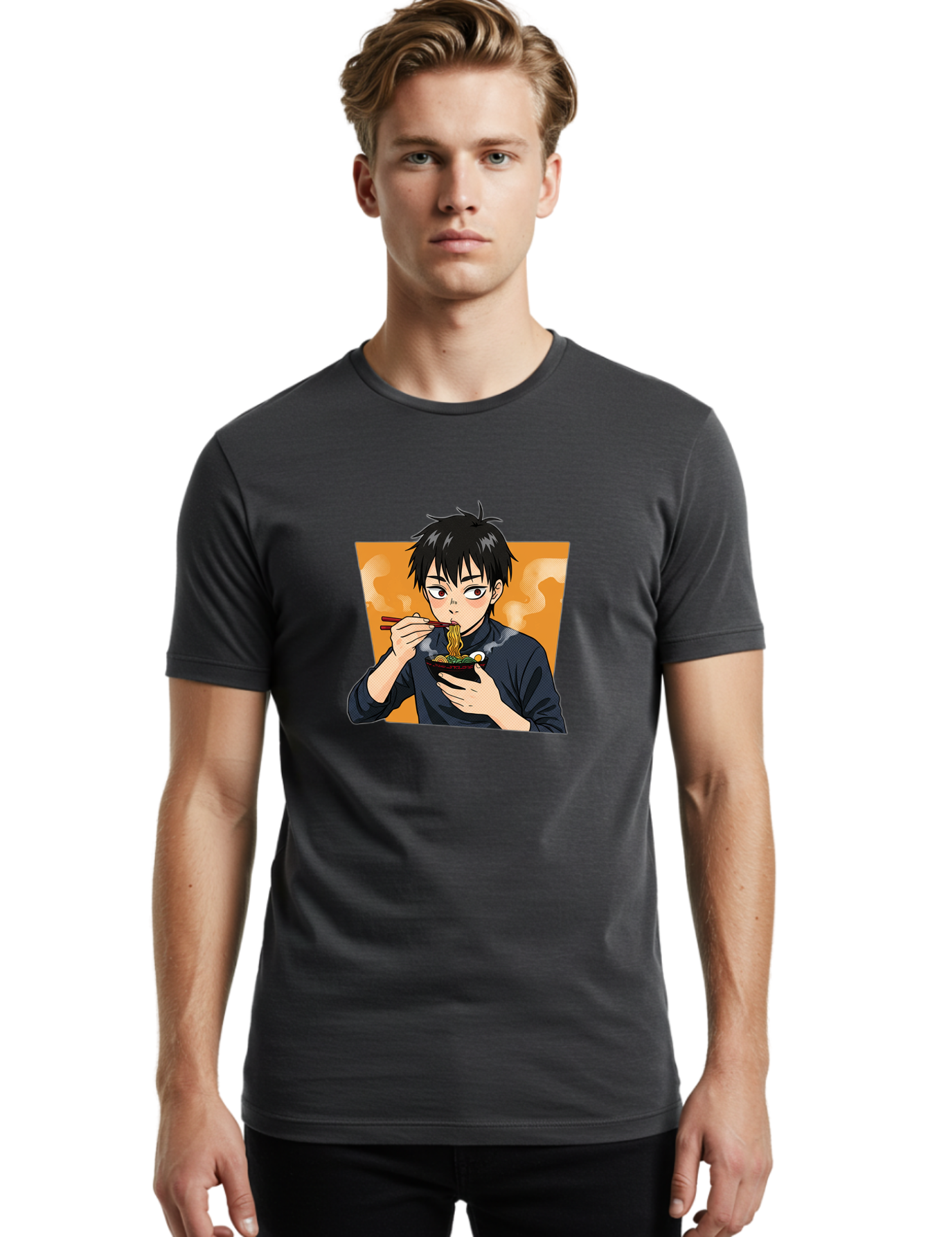Eating-Ramen Men'S Graphic Tee, 100% Cotton, Comfortable Casual Summer Wear, Machine Washable, Anime Boy Eating Ramen, Steaming Hot Noodles, Chopsticks, Delicious Meal, Japanese Cuisine, Cartoon Style, Appetizing Food, Ramen Lover Bab887