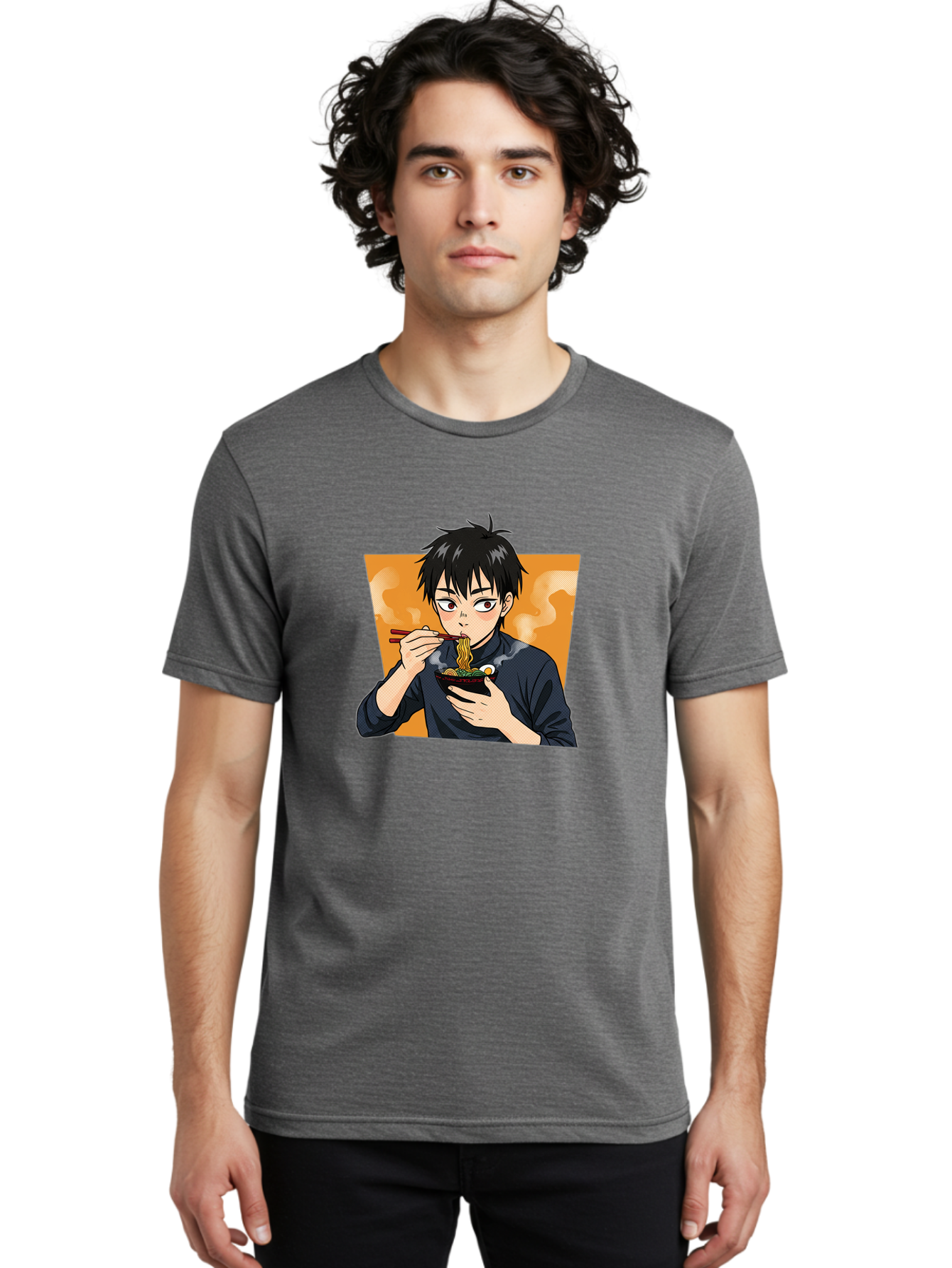 Eating-Ramen Men'S Graphic Tee, 100% Cotton, Comfortable Casual Summer Wear, Machine Washable, Anime Boy Eating Ramen, Steaming Hot Noodles, Chopsticks, Delicious Meal, Japanese Cuisine, Cartoon Style, Appetizing Food, Ramen Lover Bab887