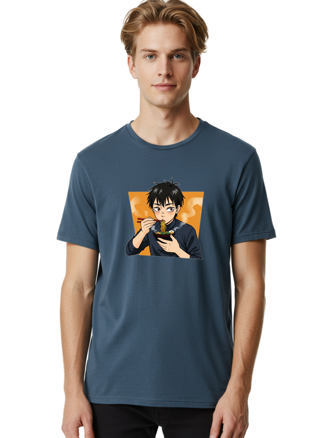 Eating-Ramen Men'S Graphic Tee, 100% Cotton, Comfortable Casual Summer Wear, Machine Washable, Anime Boy Eating Ramen, Steaming Hot Noodles, Chopsticks, Delicious Meal, Japanese Cuisine, Cartoon Style, Appetizing Food, Ramen Lover Bab887