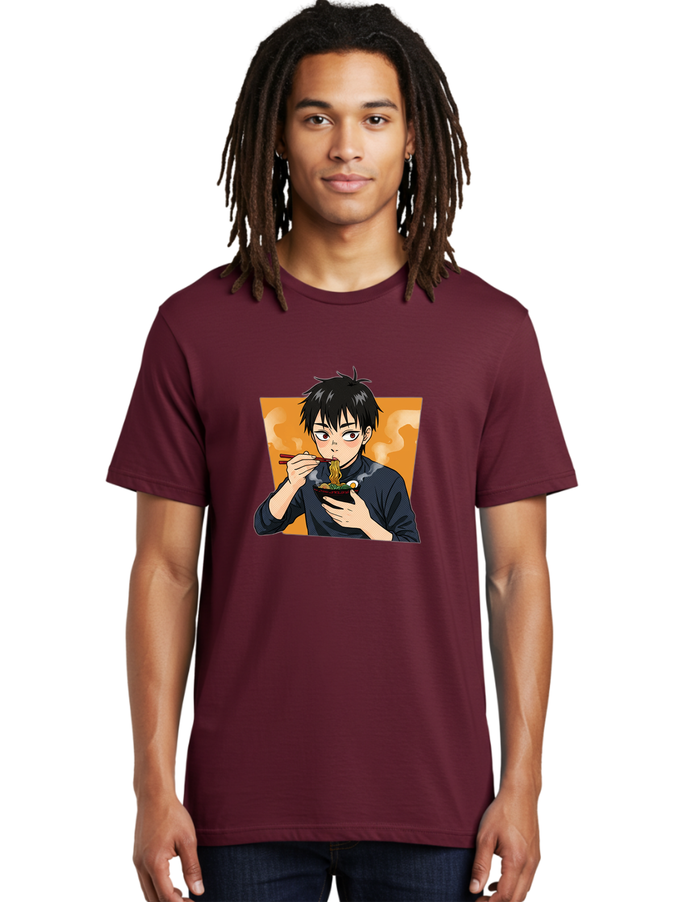 Eating-Ramen Men'S Graphic Tee, 100% Cotton, Comfortable Casual Summer Wear, Machine Washable, Anime Boy Eating Ramen, Steaming Hot Noodles, Chopsticks, Delicious Meal, Japanese Cuisine, Cartoon Style, Appetizing Food, Ramen Lover Bab887