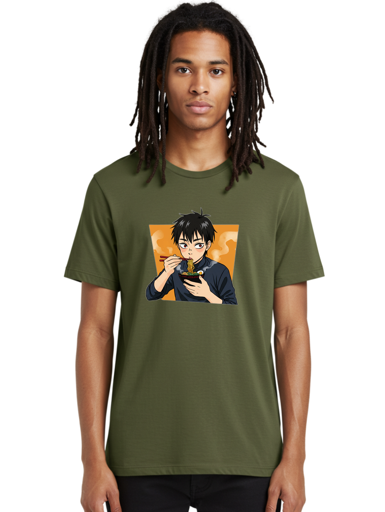 Eating-Ramen Men'S Graphic Tee, 100% Cotton, Comfortable Casual Summer Wear, Machine Washable, Anime Boy Eating Ramen, Steaming Hot Noodles, Chopsticks, Delicious Meal, Japanese Cuisine, Cartoon Style, Appetizing Food, Ramen Lover Bab887