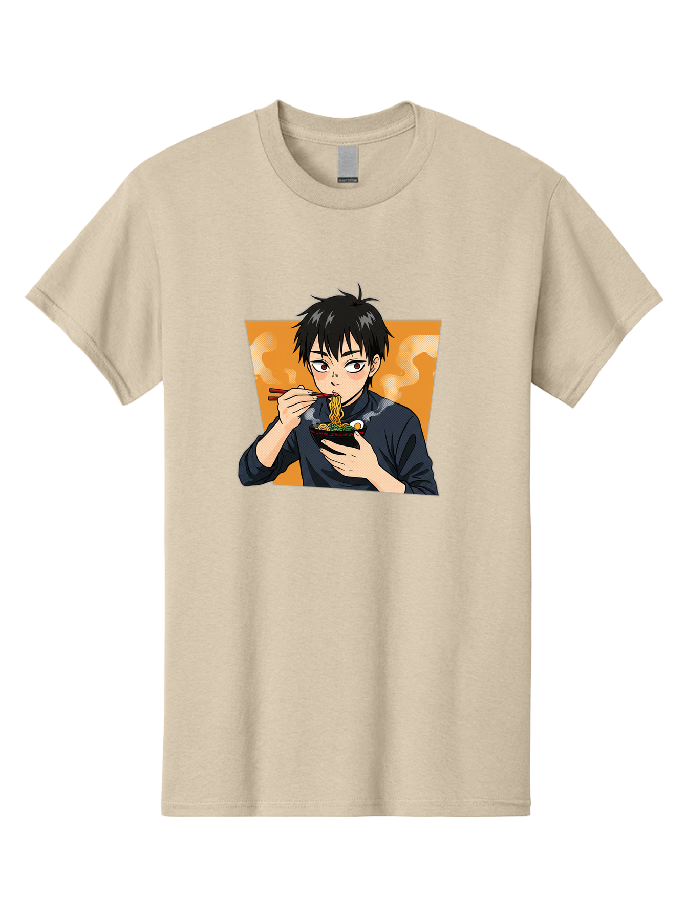 Eating-Ramen Men'S Graphic Tee, 100% Cotton, Comfortable Casual Summer Wear, Machine Washable, Anime Boy Eating Ramen, Steaming Hot Noodles, Chopsticks, Delicious Meal, Japanese Cuisine, Cartoon Style, Appetizing Food, Ramen Lover Bab887