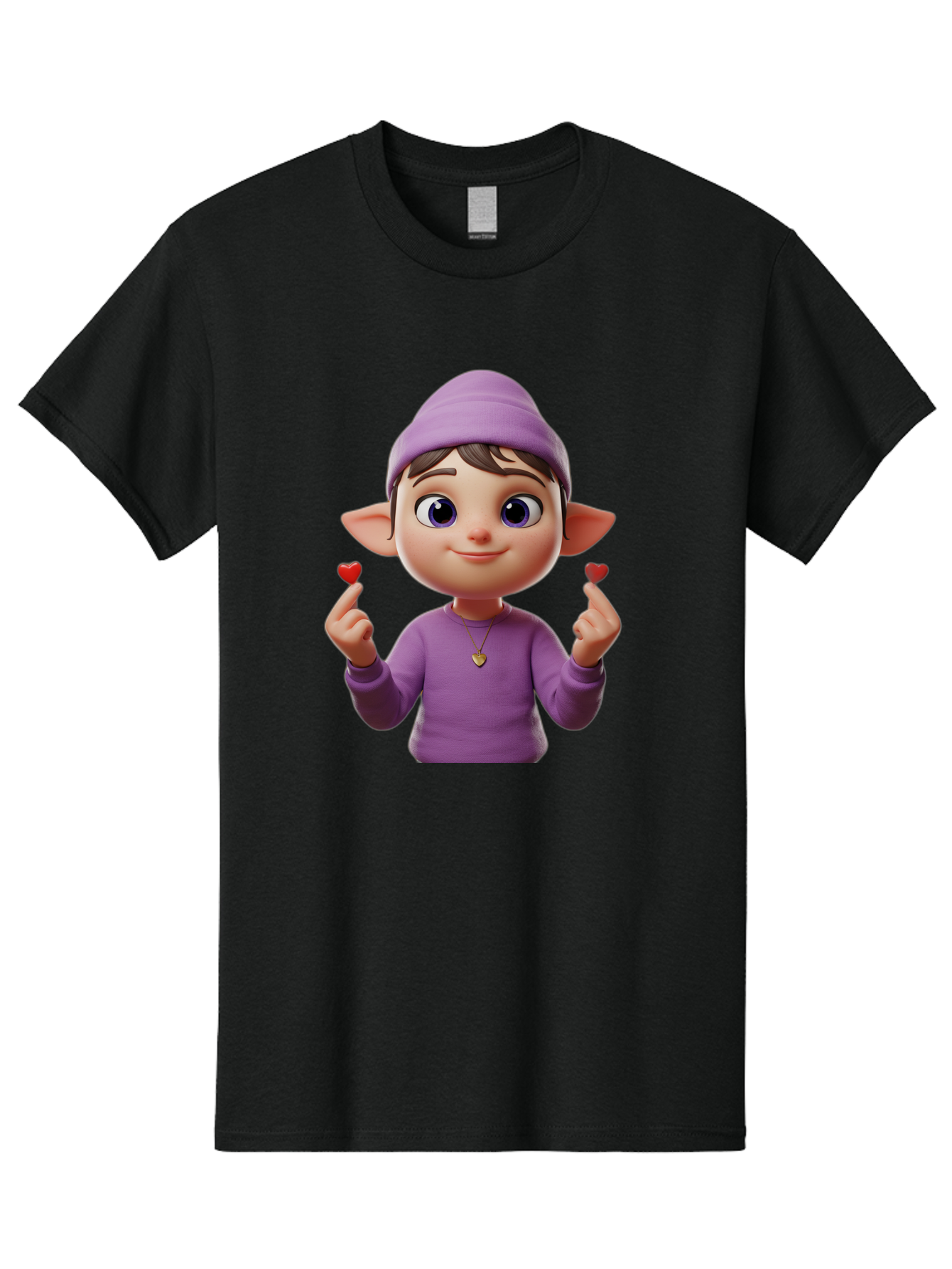 Elf-Boy Men'S Graphic Tee, 100% Cotton, Comfortable Casual Summer Wear, Machine Washable, Cartoon Elf, Fantasy Character, Purple Clothing, Heart-Shaped Objects, Cute Expression, 3D Illustration, Whimsical Design, Playful Atmosphere, Bab888