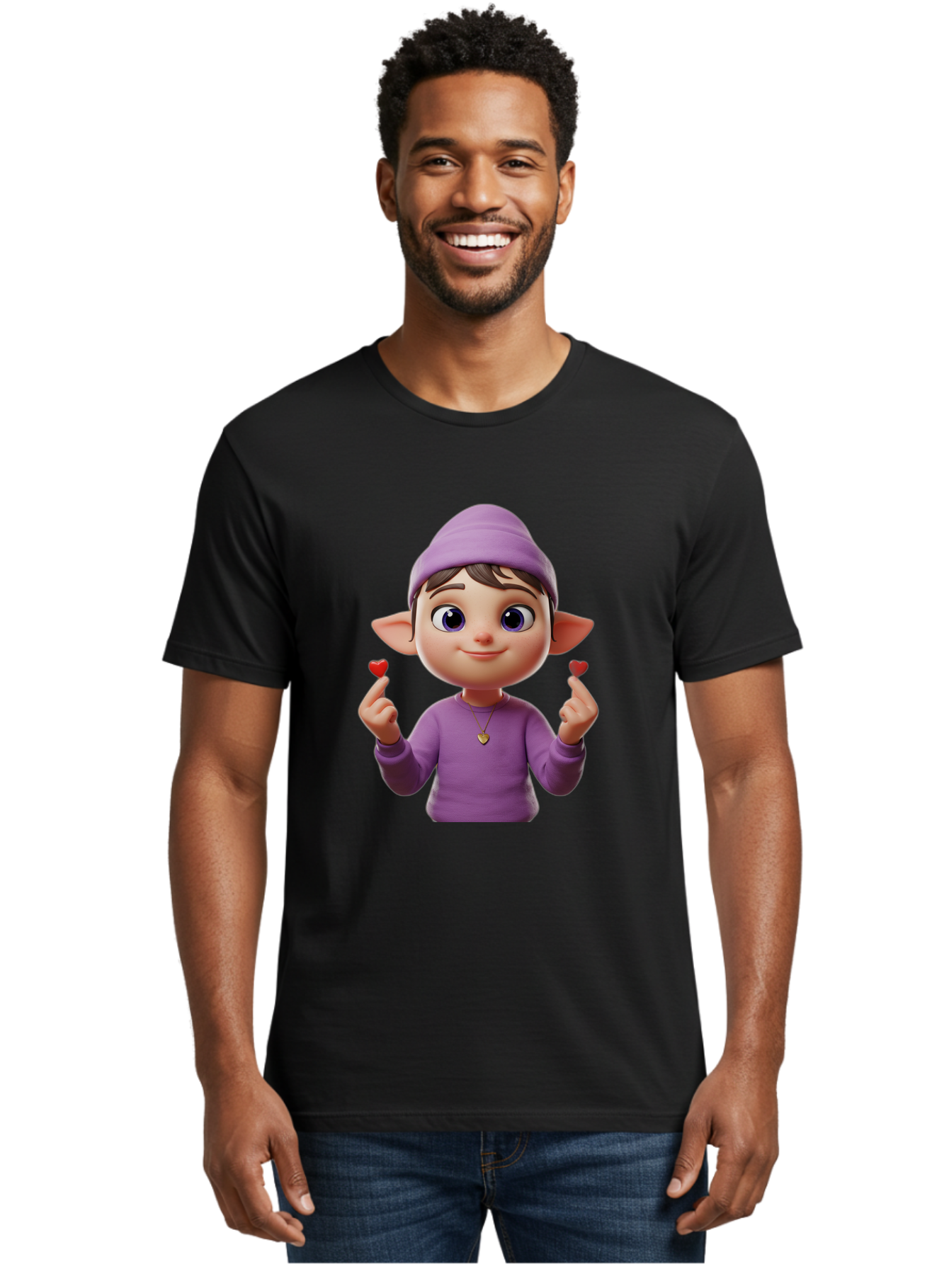 Elf-Boy Men'S Graphic Tee, 100% Cotton, Comfortable Casual Summer Wear, Machine Washable, Cartoon Elf, Fantasy Character, Purple Clothing, Heart-Shaped Objects, Cute Expression, 3D Illustration, Whimsical Design, Playful Atmosphere, Bab888