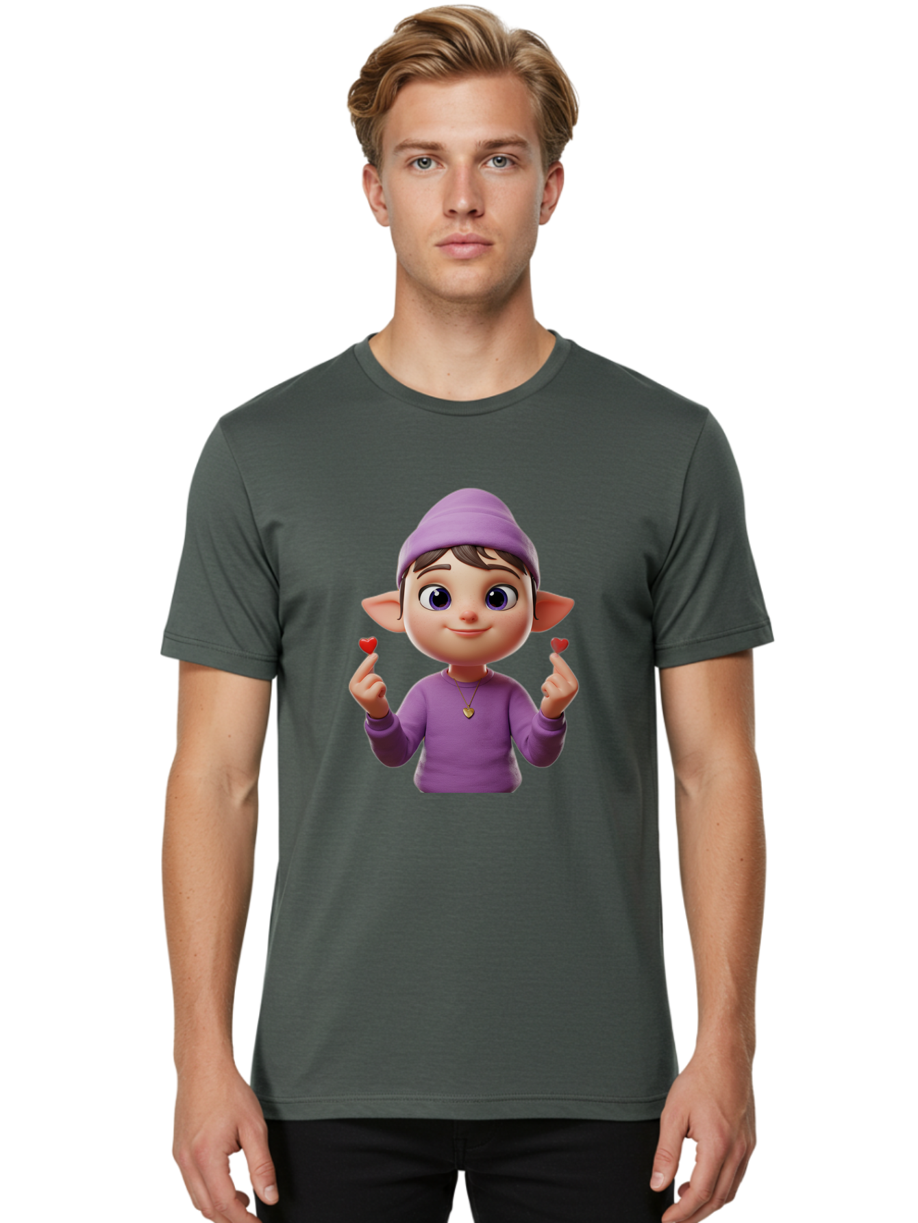 Elf-Boy Men'S Graphic Tee, 100% Cotton, Comfortable Casual Summer Wear, Machine Washable, Cartoon Elf, Fantasy Character, Purple Clothing, Heart-Shaped Objects, Cute Expression, 3D Illustration, Whimsical Design, Playful Atmosphere, Bab888
