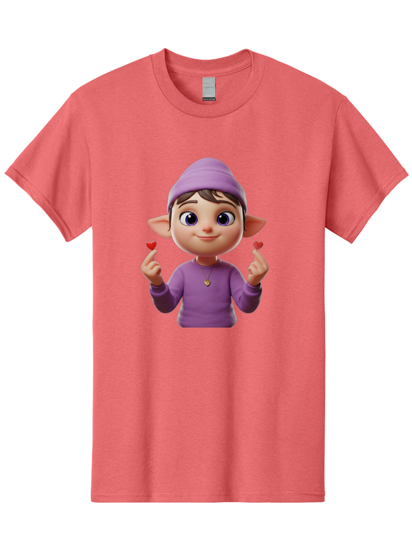 Elf-Boy Men'S Graphic Tee, 100% Cotton, Comfortable Casual Summer Wear, Machine Washable, Cartoon Elf, Fantasy Character, Purple Clothing, Heart-Shaped Objects, Cute Expression, 3D Illustration, Whimsical Design, Playful Atmosphere, Bab888