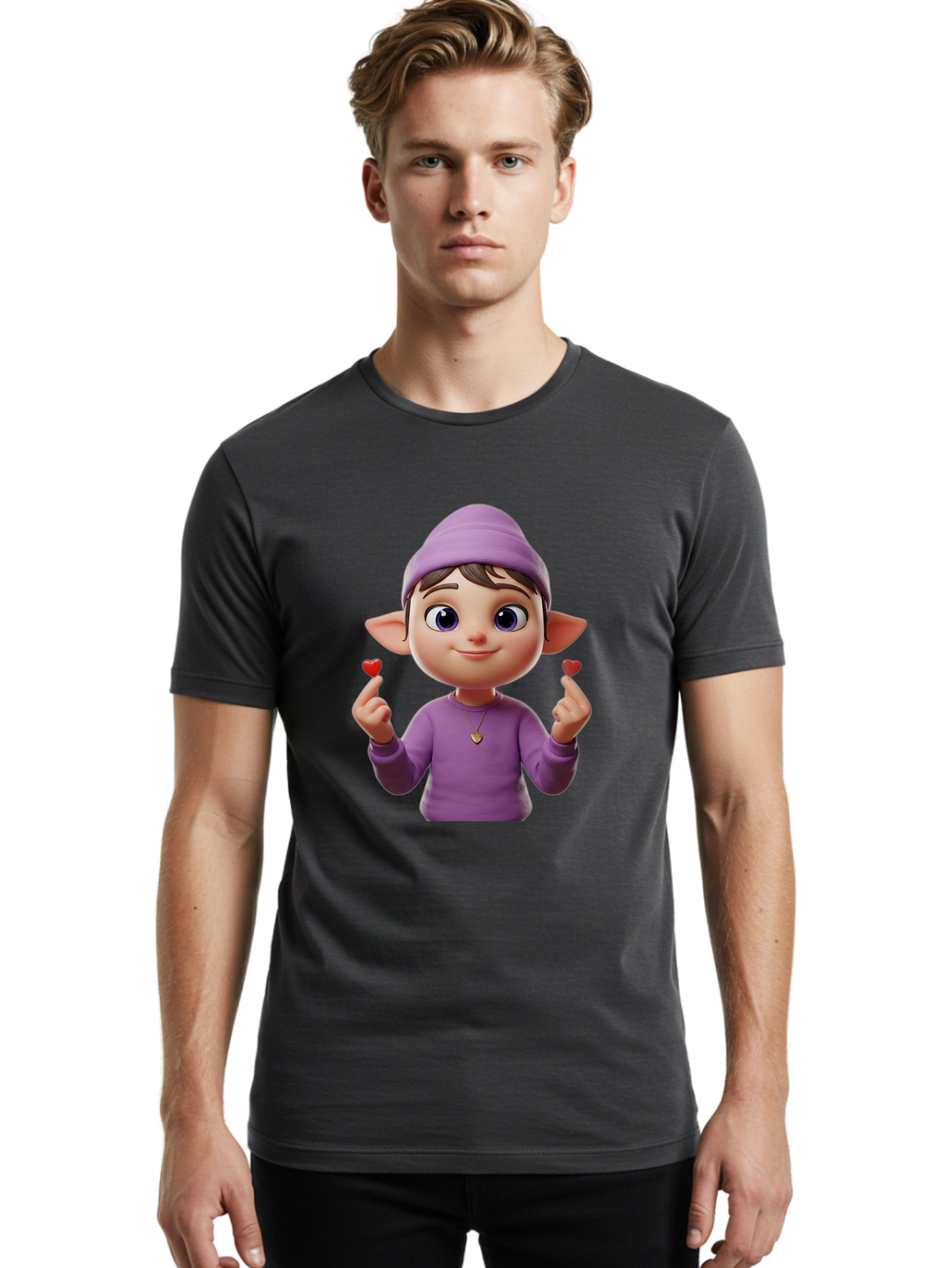 Elf-Boy Men'S Graphic Tee, 100% Cotton, Comfortable Casual Summer Wear, Machine Washable, Cartoon Elf, Fantasy Character, Purple Clothing, Heart-Shaped Objects, Cute Expression, 3D Illustration, Whimsical Design, Playful Atmosphere, Bab888