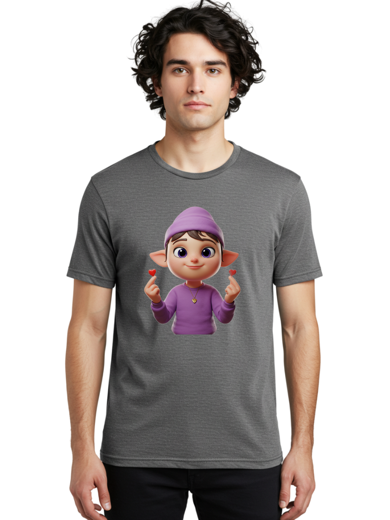 Elf-Boy Men'S Graphic Tee, 100% Cotton, Comfortable Casual Summer Wear, Machine Washable, Cartoon Elf, Fantasy Character, Purple Clothing, Heart-Shaped Objects, Cute Expression, 3D Illustration, Whimsical Design, Playful Atmosphere, Bab888