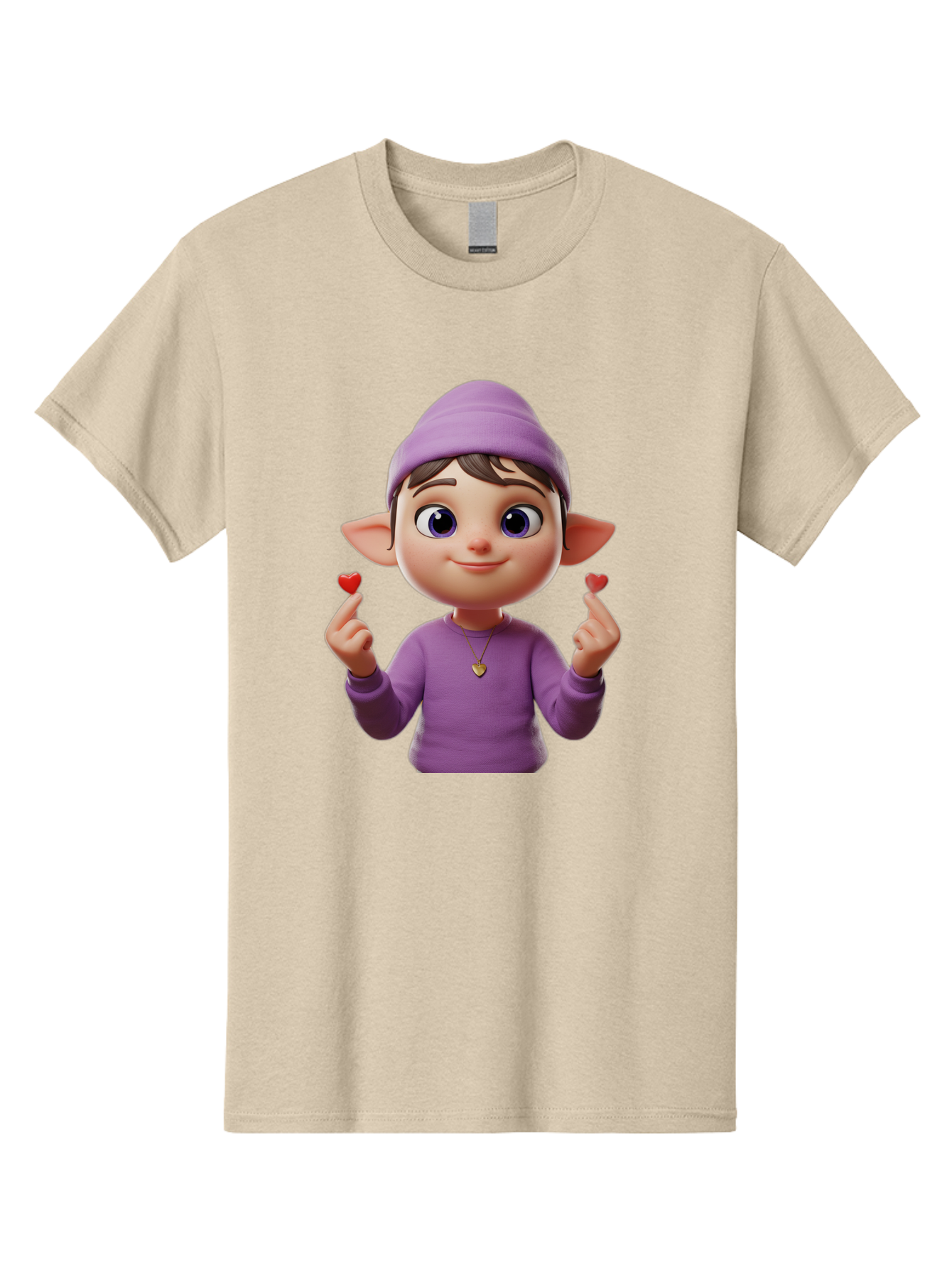 Elf-Boy Men'S Graphic Tee, 100% Cotton, Comfortable Casual Summer Wear, Machine Washable, Cartoon Elf, Fantasy Character, Purple Clothing, Heart-Shaped Objects, Cute Expression, 3D Illustration, Whimsical Design, Playful Atmosphere, Bab888