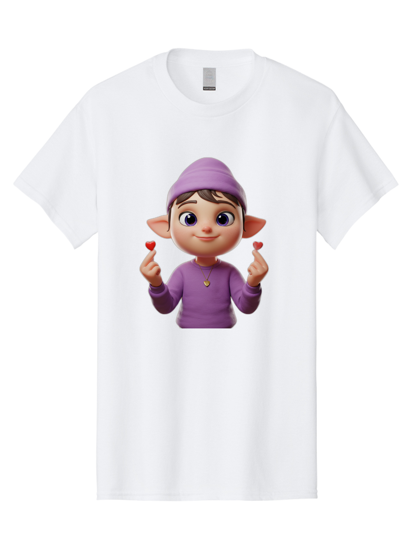 Elf-Boy Men'S Graphic Tee, 100% Cotton, Comfortable Casual Summer Wear, Machine Washable, Cartoon Elf, Fantasy Character, Purple Clothing, Heart-Shaped Objects, Cute Expression, 3D Illustration, Whimsical Design, Playful Atmosphere, Bab888