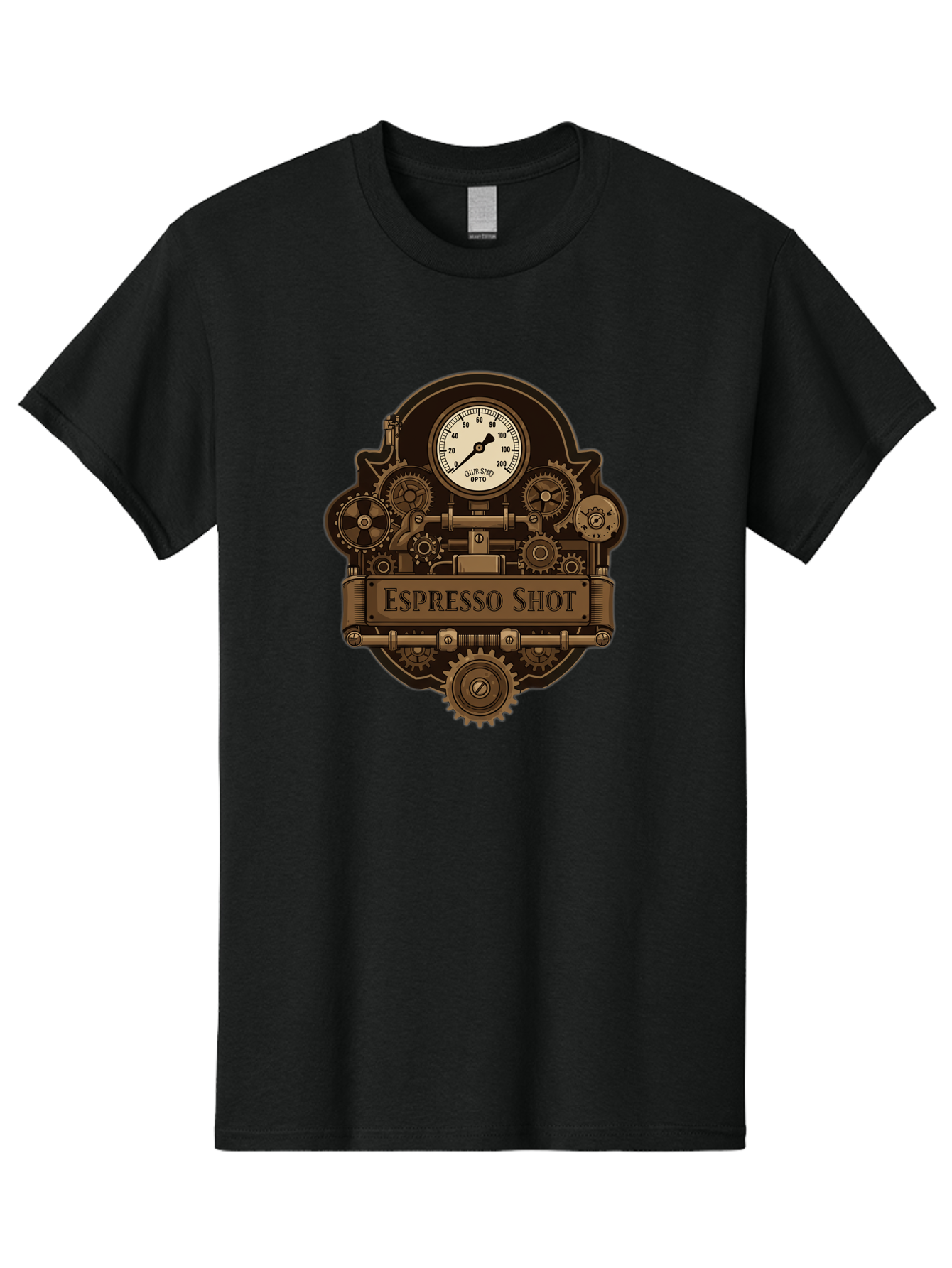 Espresso-Shot-2 Men'S Graphic Tee, 100% Cotton, Comfortable Casual Summer Wear, Machine Washable, Steampunk-Style Espresso Machine, Intricate Gears, Vintage Clock Face, Ottone, Industrial Design, Coffee Culture, Mechanical Parts, Bronze Tone, Bab892