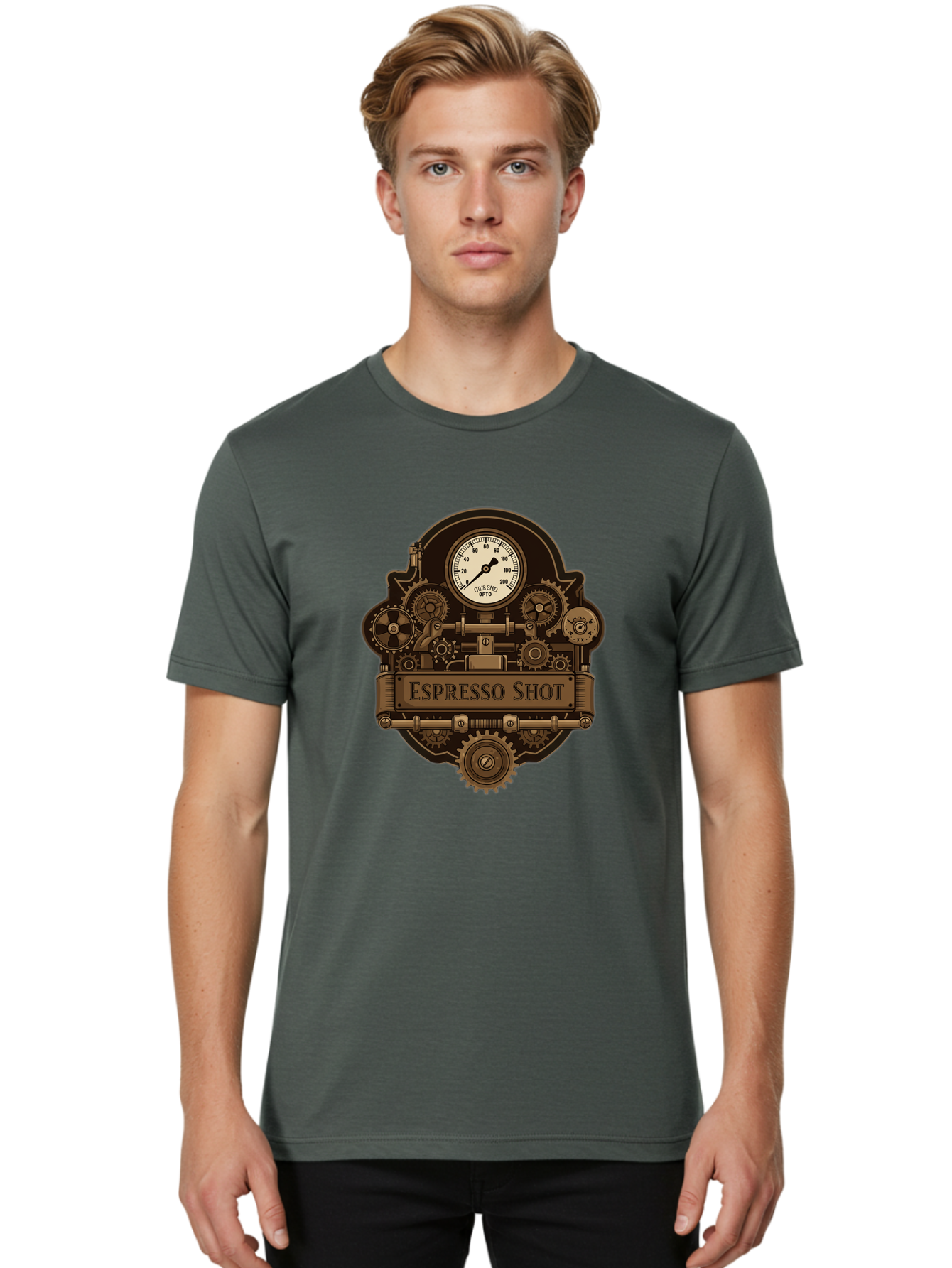 Espresso-Shot-2 Men'S Graphic Tee, 100% Cotton, Comfortable Casual Summer Wear, Machine Washable, Steampunk-Style Espresso Machine, Intricate Gears, Vintage Clock Face, Ottone, Industrial Design, Coffee Culture, Mechanical Parts, Bronze Tone, Bab892