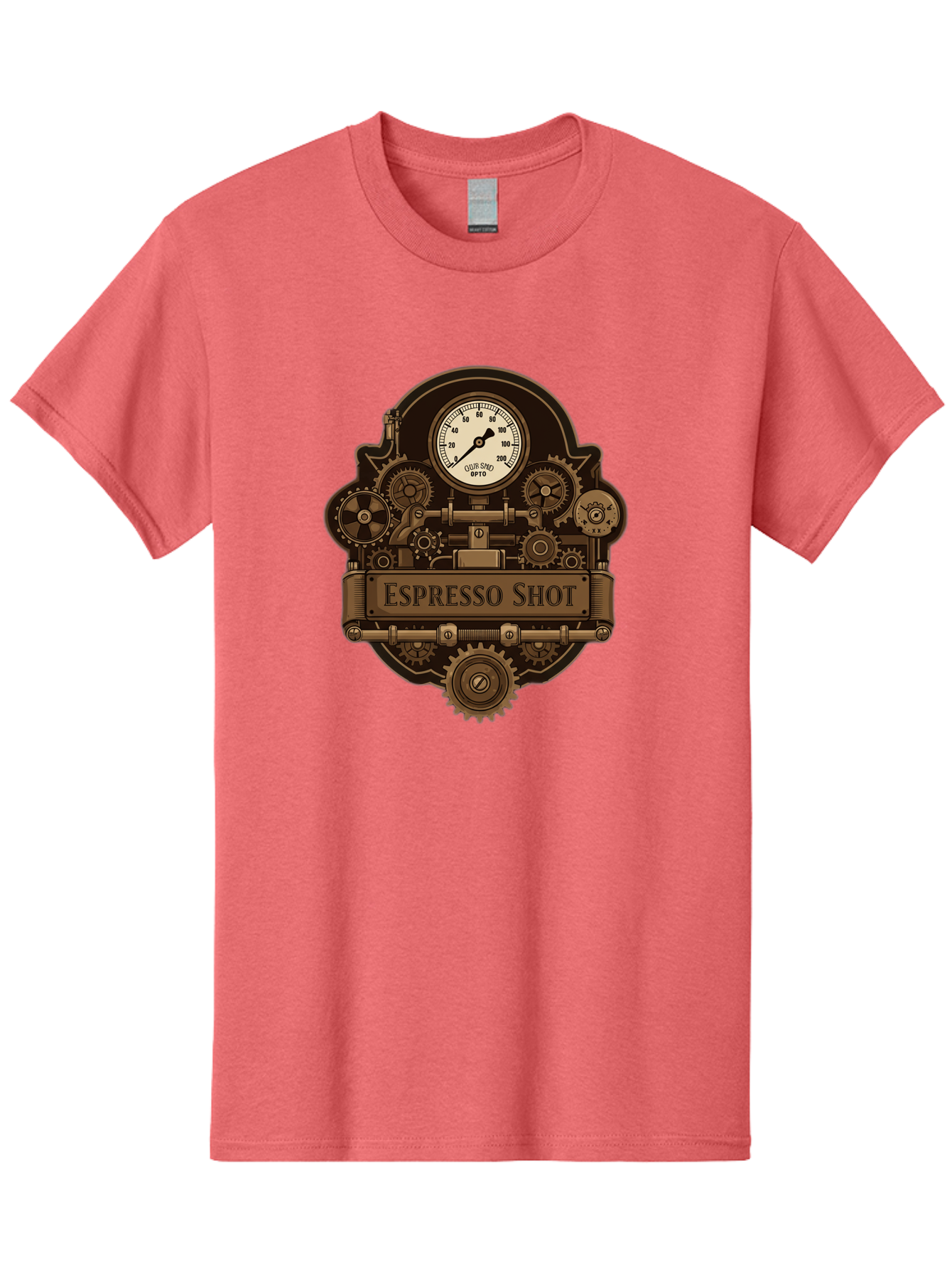 Espresso-Shot-2 Men'S Graphic Tee, 100% Cotton, Comfortable Casual Summer Wear, Machine Washable, Steampunk-Style Espresso Machine, Intricate Gears, Vintage Clock Face, Ottone, Industrial Design, Coffee Culture, Mechanical Parts, Bronze Tone, Bab892