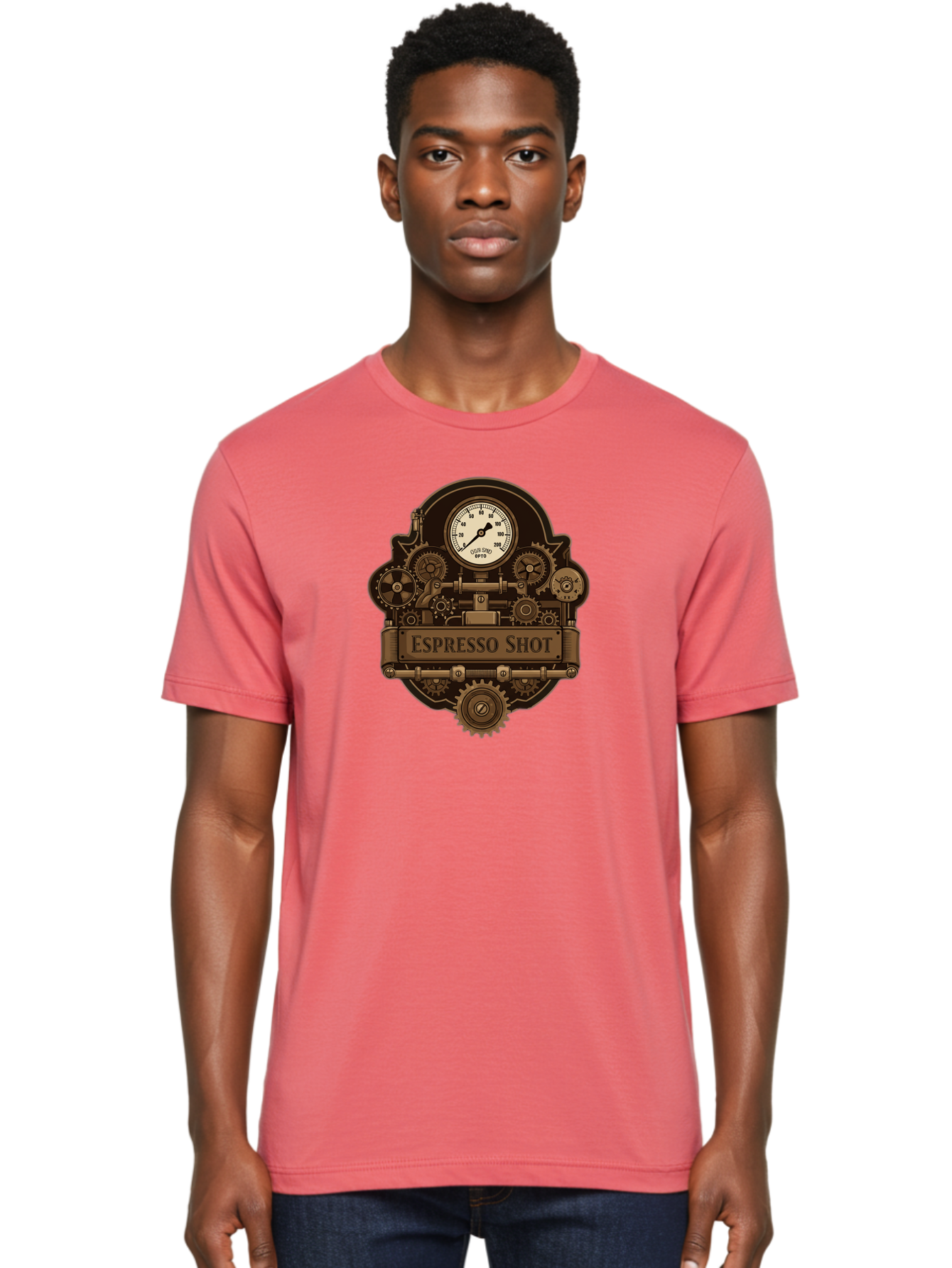 Espresso-Shot-2 Men'S Graphic Tee, 100% Cotton, Comfortable Casual Summer Wear, Machine Washable, Steampunk-Style Espresso Machine, Intricate Gears, Vintage Clock Face, Ottone, Industrial Design, Coffee Culture, Mechanical Parts, Bronze Tone, Bab892