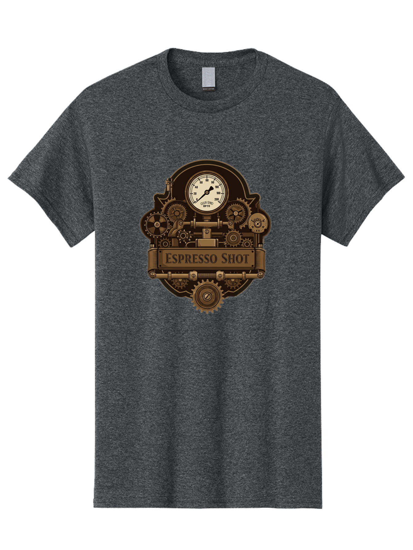 Espresso-Shot-2 Men'S Graphic Tee, 100% Cotton, Comfortable Casual Summer Wear, Machine Washable, Steampunk-Style Espresso Machine, Intricate Gears, Vintage Clock Face, Ottone, Industrial Design, Coffee Culture, Mechanical Parts, Bronze Tone, Bab892
