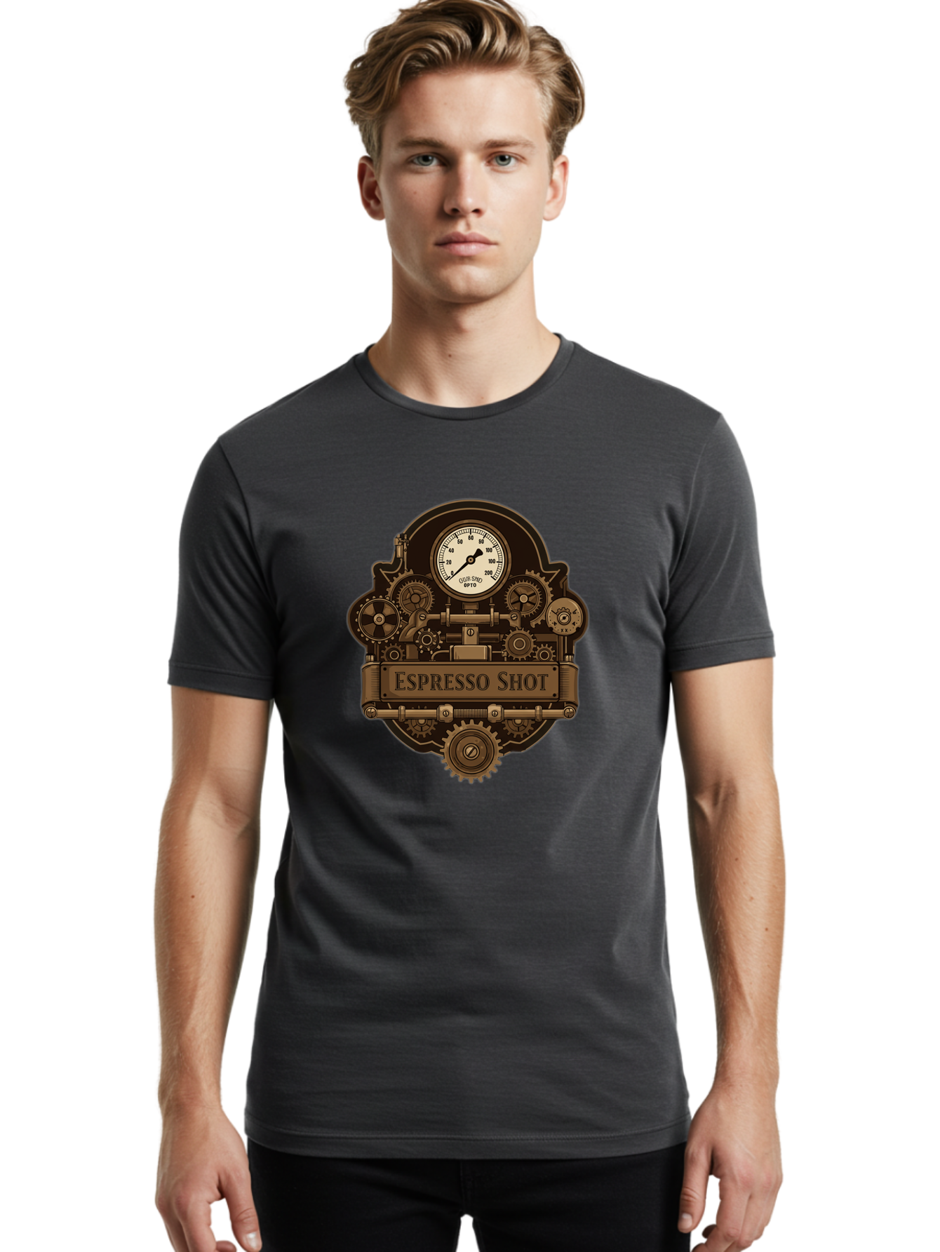 Espresso-Shot-2 Men'S Graphic Tee, 100% Cotton, Comfortable Casual Summer Wear, Machine Washable, Steampunk-Style Espresso Machine, Intricate Gears, Vintage Clock Face, Ottone, Industrial Design, Coffee Culture, Mechanical Parts, Bronze Tone, Bab892