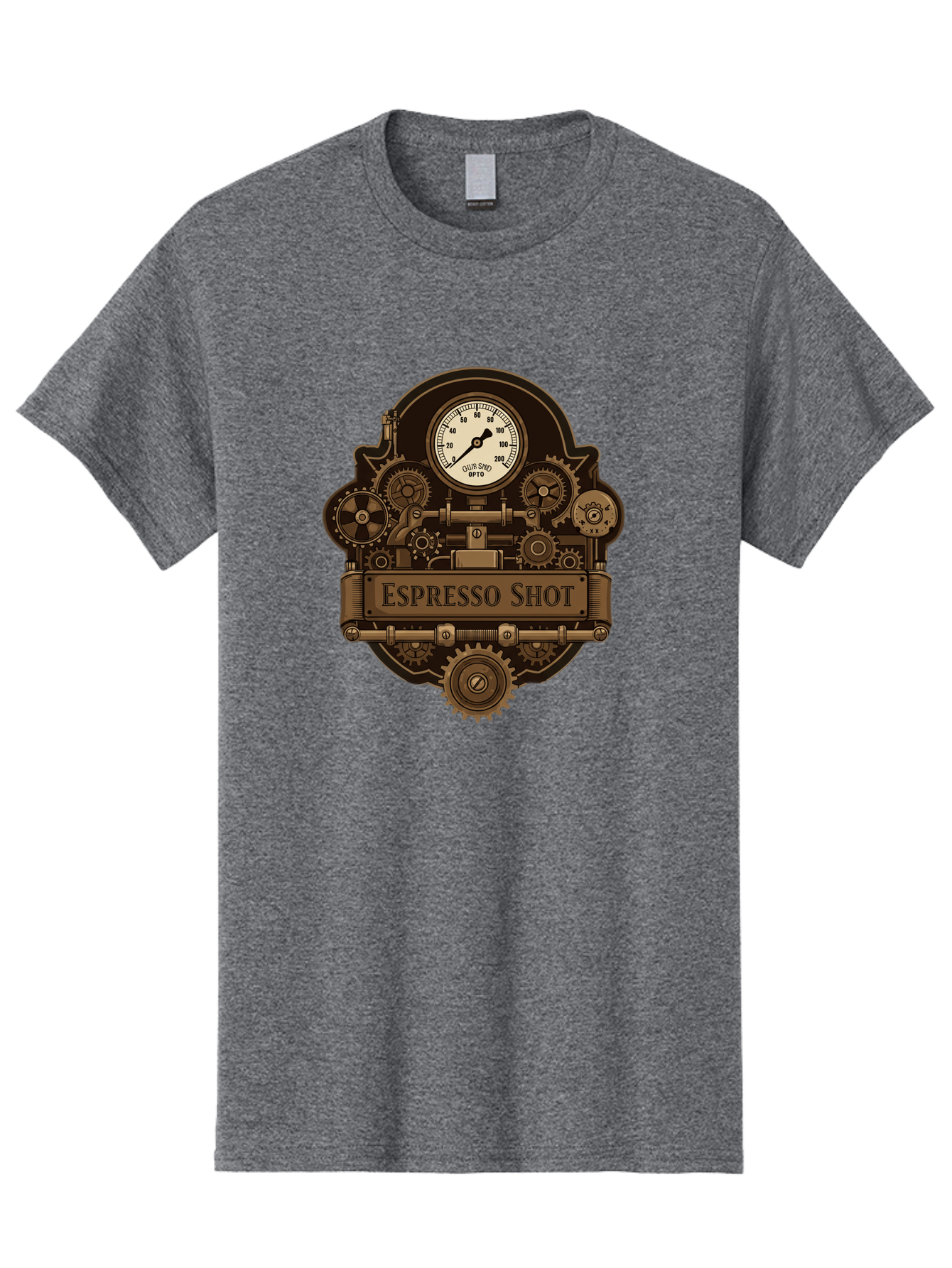 Espresso-Shot-2 Men'S Graphic Tee, 100% Cotton, Comfortable Casual Summer Wear, Machine Washable, Steampunk-Style Espresso Machine, Intricate Gears, Vintage Clock Face, Ottone, Industrial Design, Coffee Culture, Mechanical Parts, Bronze Tone, Bab892