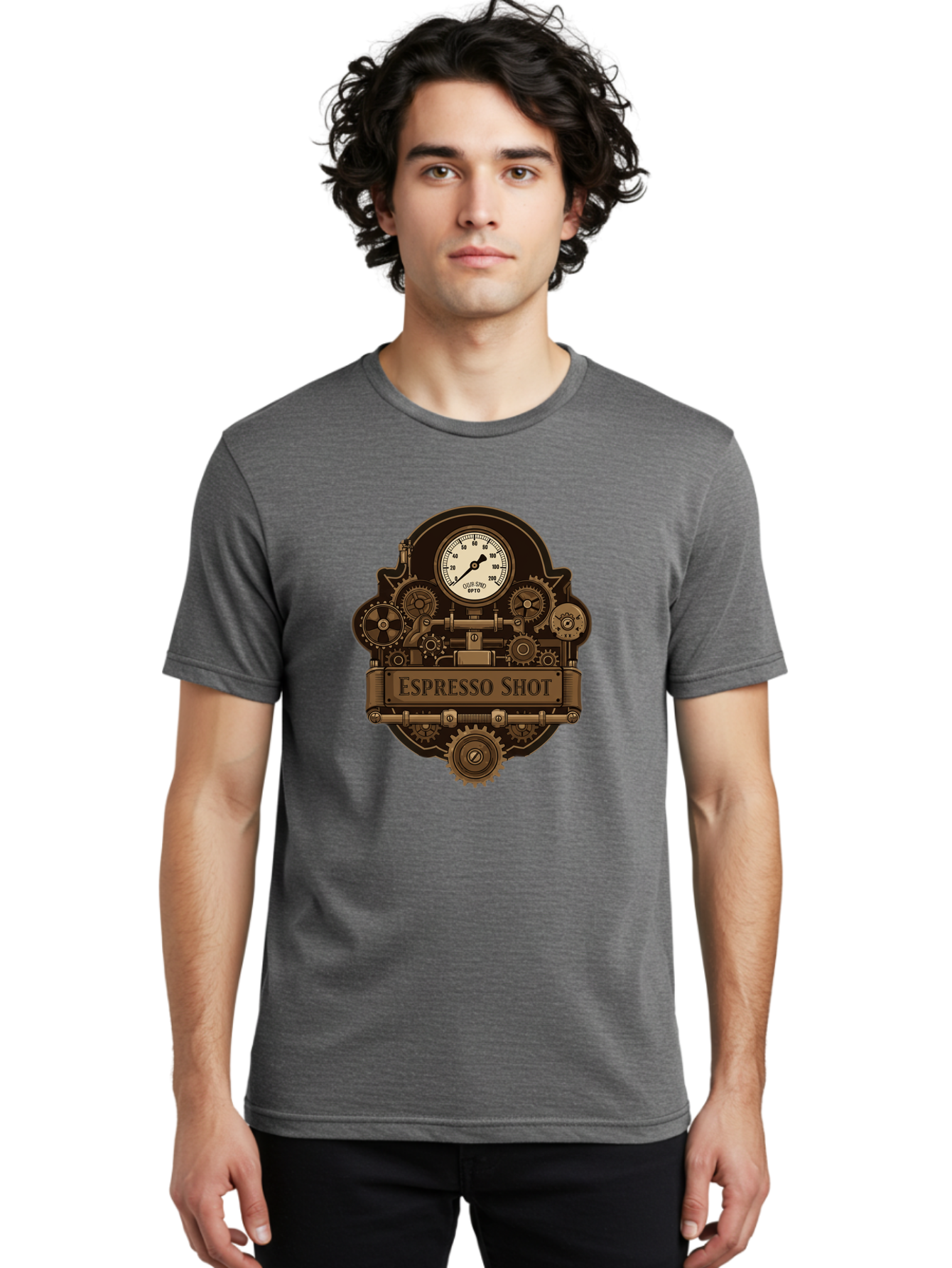 Espresso-Shot-2 Men'S Graphic Tee, 100% Cotton, Comfortable Casual Summer Wear, Machine Washable, Steampunk-Style Espresso Machine, Intricate Gears, Vintage Clock Face, Ottone, Industrial Design, Coffee Culture, Mechanical Parts, Bronze Tone, Bab892