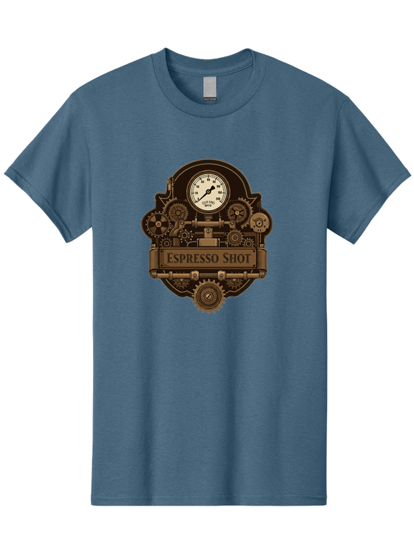 Espresso-Shot-2 Men'S Graphic Tee, 100% Cotton, Comfortable Casual Summer Wear, Machine Washable, Steampunk-Style Espresso Machine, Intricate Gears, Vintage Clock Face, Ottone, Industrial Design, Coffee Culture, Mechanical Parts, Bronze Tone, Bab892