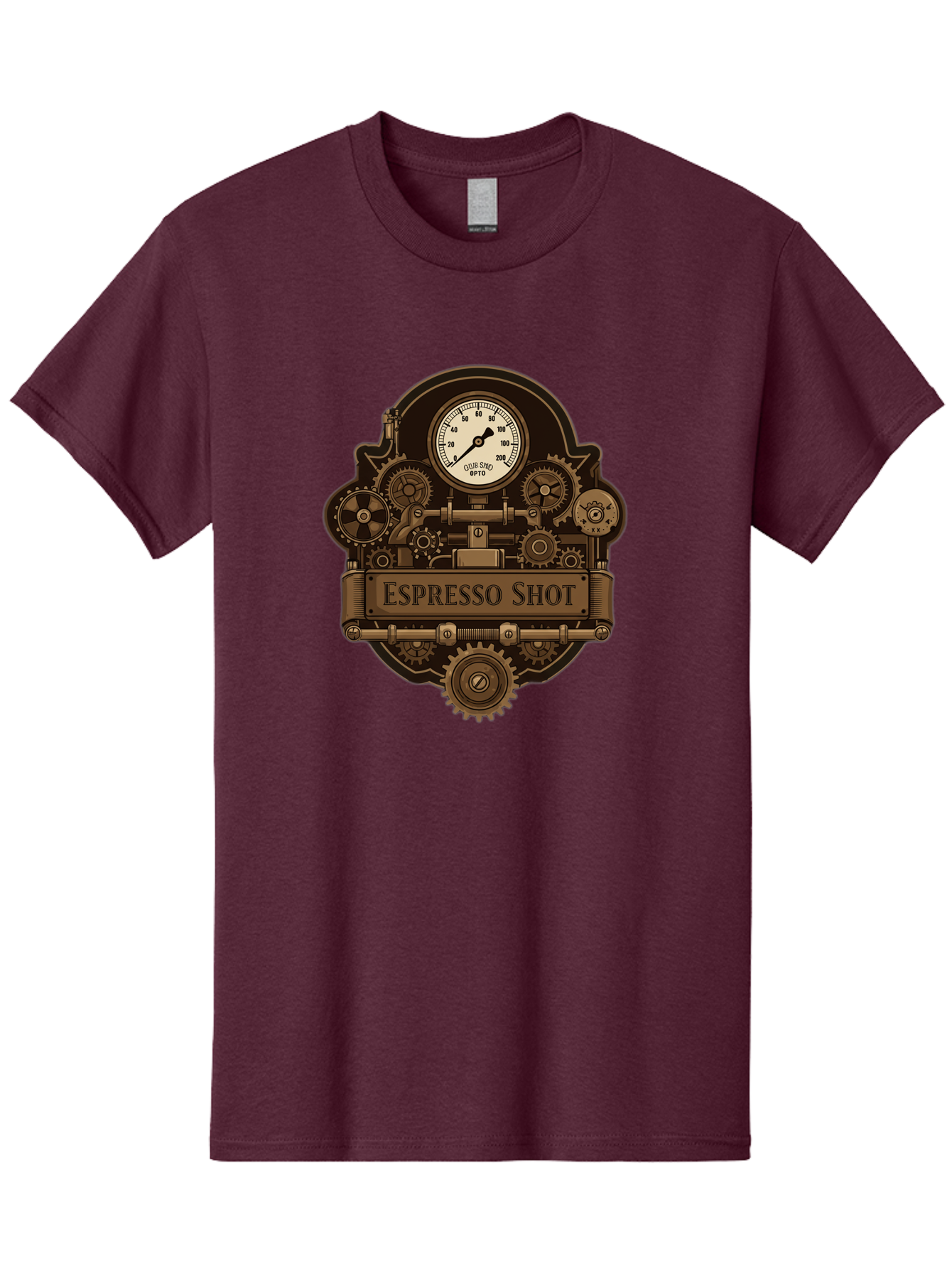 Espresso-Shot-2 Men'S Graphic Tee, 100% Cotton, Comfortable Casual Summer Wear, Machine Washable, Steampunk-Style Espresso Machine, Intricate Gears, Vintage Clock Face, Ottone, Industrial Design, Coffee Culture, Mechanical Parts, Bronze Tone, Bab892