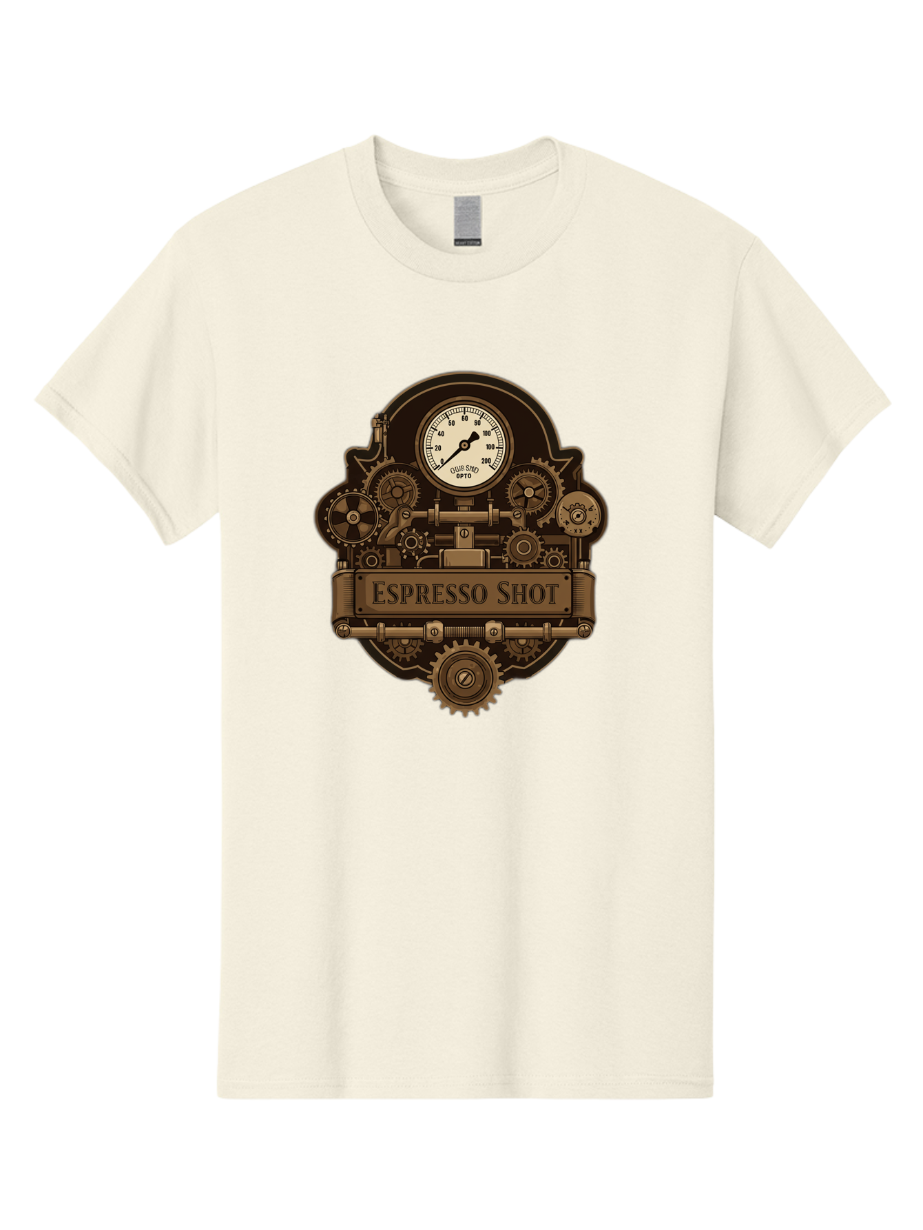 Espresso-Shot-2 Men'S Graphic Tee, 100% Cotton, Comfortable Casual Summer Wear, Machine Washable, Steampunk-Style Espresso Machine, Intricate Gears, Vintage Clock Face, Ottone, Industrial Design, Coffee Culture, Mechanical Parts, Bronze Tone, Bab892