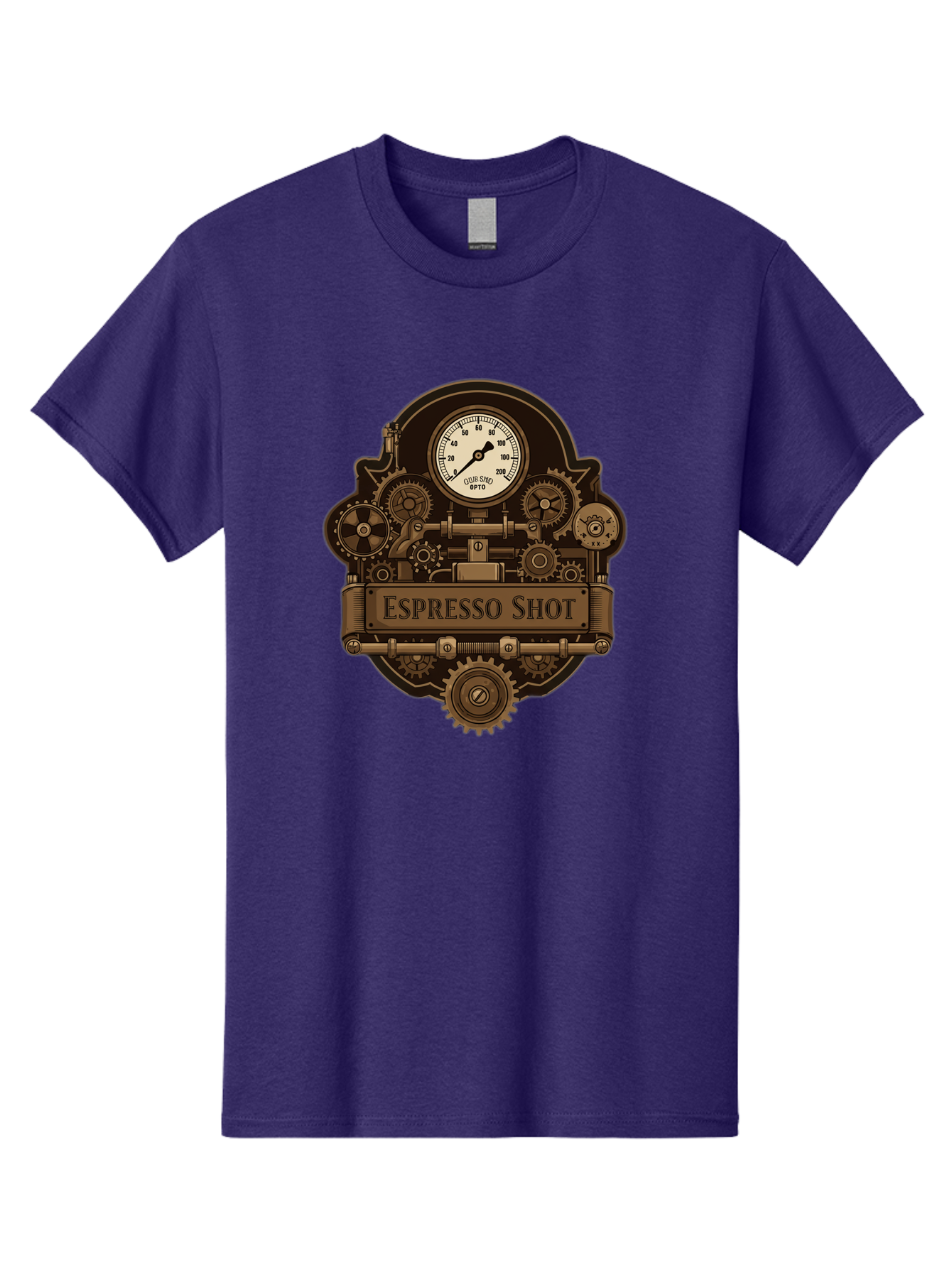 Espresso-Shot-2 Men'S Graphic Tee, 100% Cotton, Comfortable Casual Summer Wear, Machine Washable, Steampunk-Style Espresso Machine, Intricate Gears, Vintage Clock Face, Ottone, Industrial Design, Coffee Culture, Mechanical Parts, Bronze Tone, Bab892