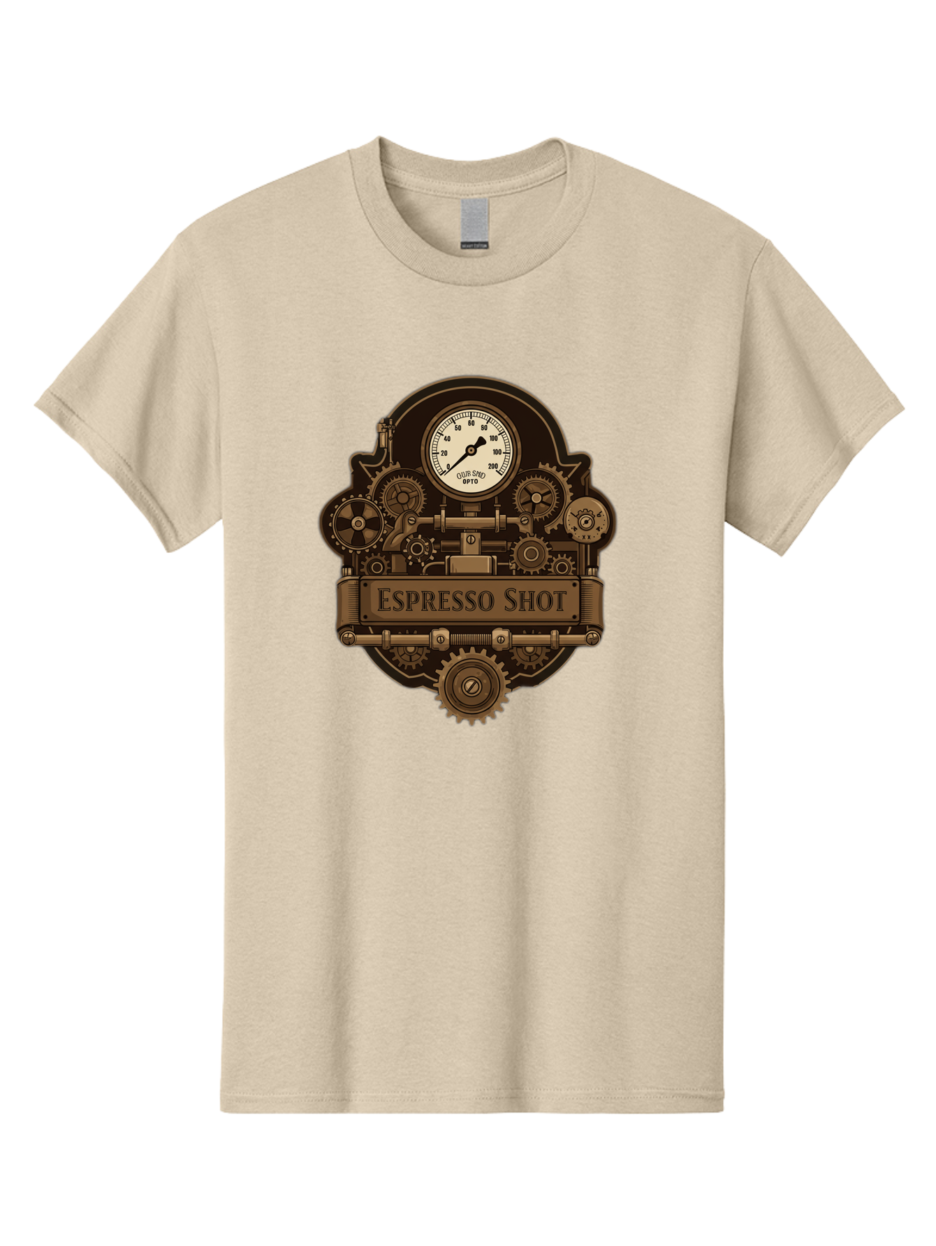 Espresso-Shot-2 Men'S Graphic Tee, 100% Cotton, Comfortable Casual Summer Wear, Machine Washable, Steampunk-Style Espresso Machine, Intricate Gears, Vintage Clock Face, Ottone, Industrial Design, Coffee Culture, Mechanical Parts, Bronze Tone, Bab892