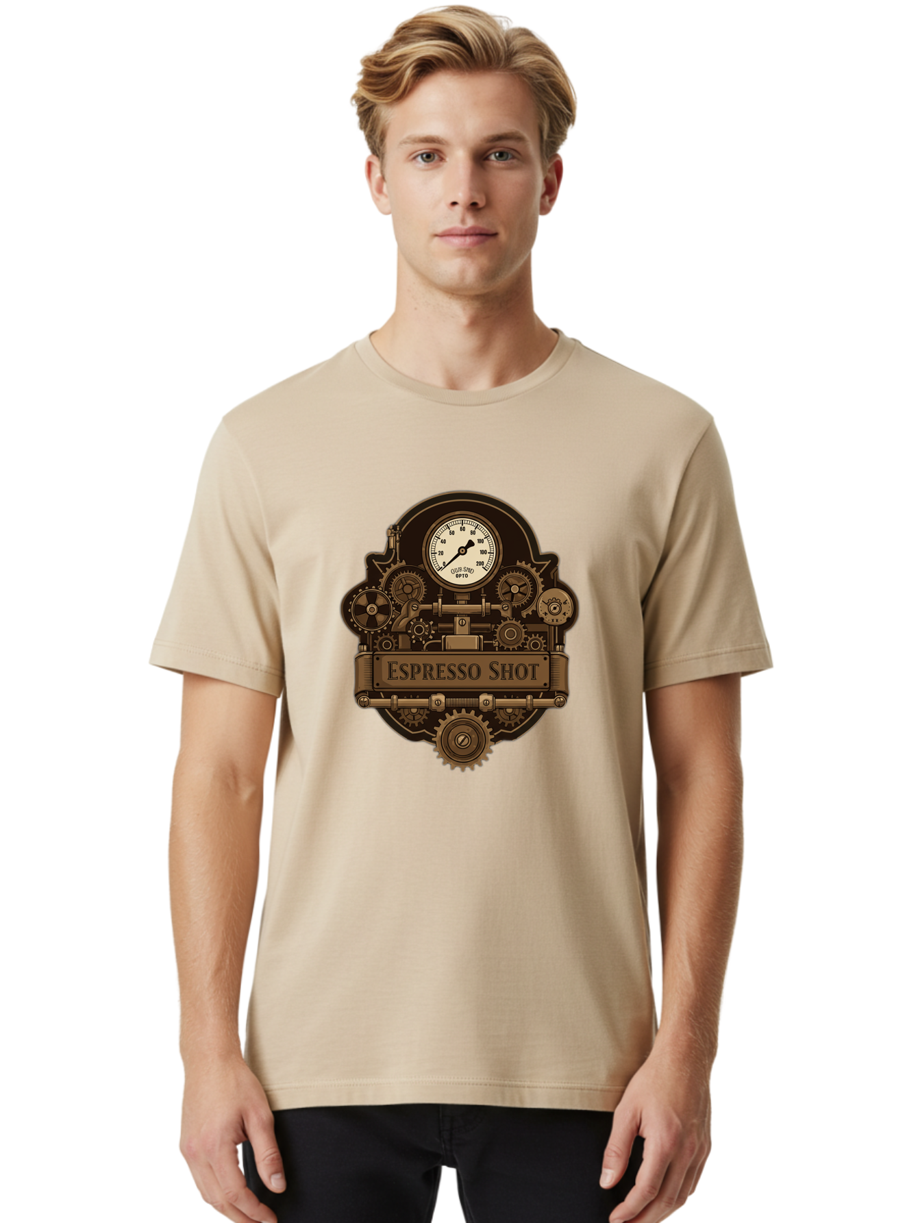 Espresso-Shot-2 Men'S Graphic Tee, 100% Cotton, Comfortable Casual Summer Wear, Machine Washable, Steampunk-Style Espresso Machine, Intricate Gears, Vintage Clock Face, Ottone, Industrial Design, Coffee Culture, Mechanical Parts, Bronze Tone, Bab892