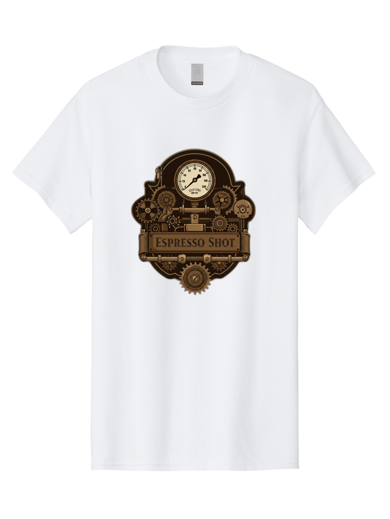 Espresso-Shot-2 Men'S Graphic Tee, 100% Cotton, Comfortable Casual Summer Wear, Machine Washable, Steampunk-Style Espresso Machine, Intricate Gears, Vintage Clock Face, Ottone, Industrial Design, Coffee Culture, Mechanical Parts, Bronze Tone, Bab892