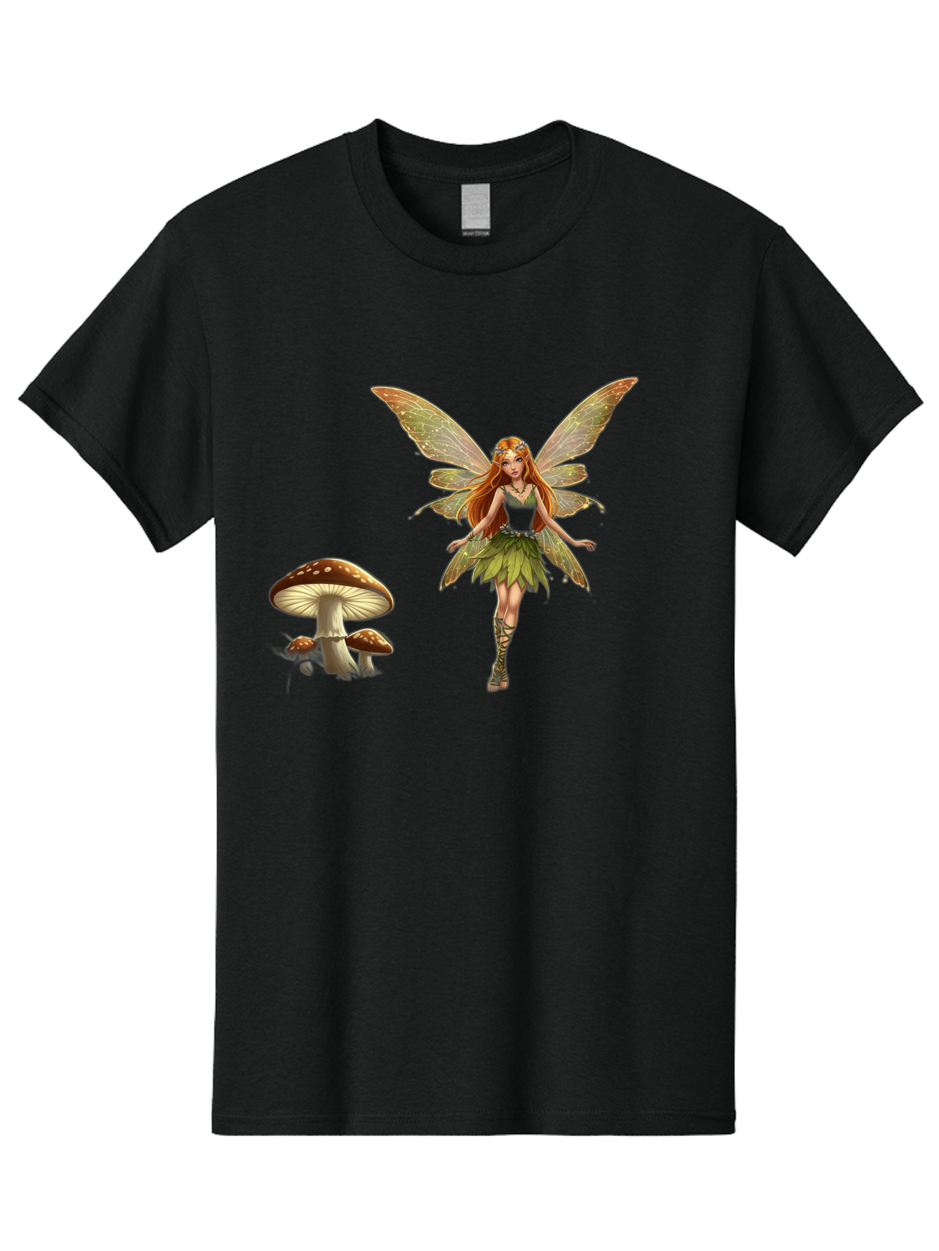 Fairy-With-Mushrooms Men'S Graphic Tee, 100% Cotton, Comfortable Casual Summer Wear, Machine Washable, Fairy With Wings, Green Dress, Red Hair, Mushrooms, Fantasy Creature, Mythical Being, Magical, Mystical, Whimsical, Enchanting Bab895