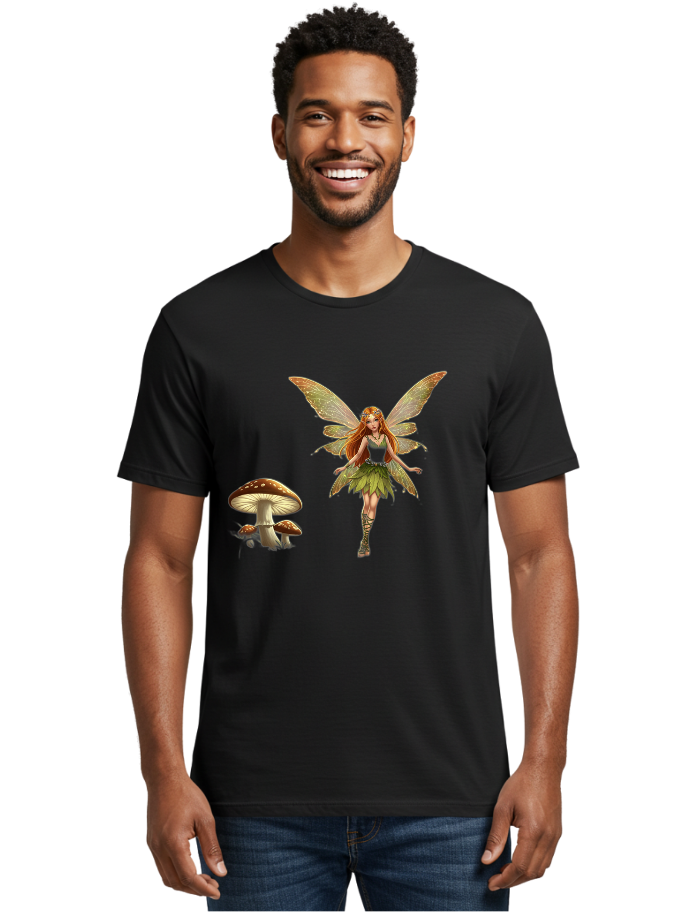 Fairy-With-Mushrooms Men'S Graphic Tee, 100% Cotton, Comfortable Casual Summer Wear, Machine Washable, Fairy With Wings, Green Dress, Red Hair, Mushrooms, Fantasy Creature, Mythical Being, Magical, Mystical, Whimsical, Enchanting Bab895