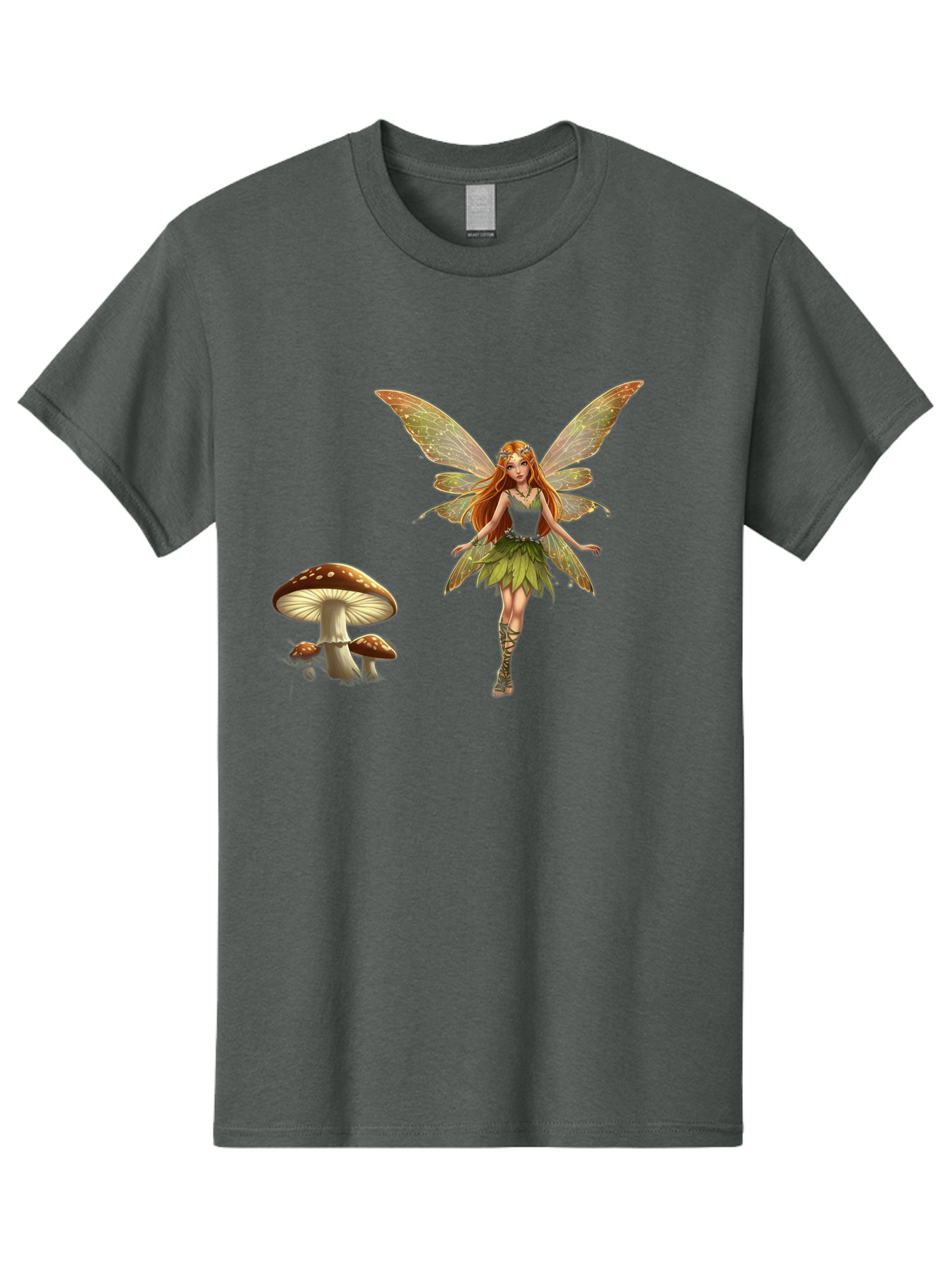 Fairy-With-Mushrooms Men'S Graphic Tee, 100% Cotton, Comfortable Casual Summer Wear, Machine Washable, Fairy With Wings, Green Dress, Red Hair, Mushrooms, Fantasy Creature, Mythical Being, Magical, Mystical, Whimsical, Enchanting Bab895