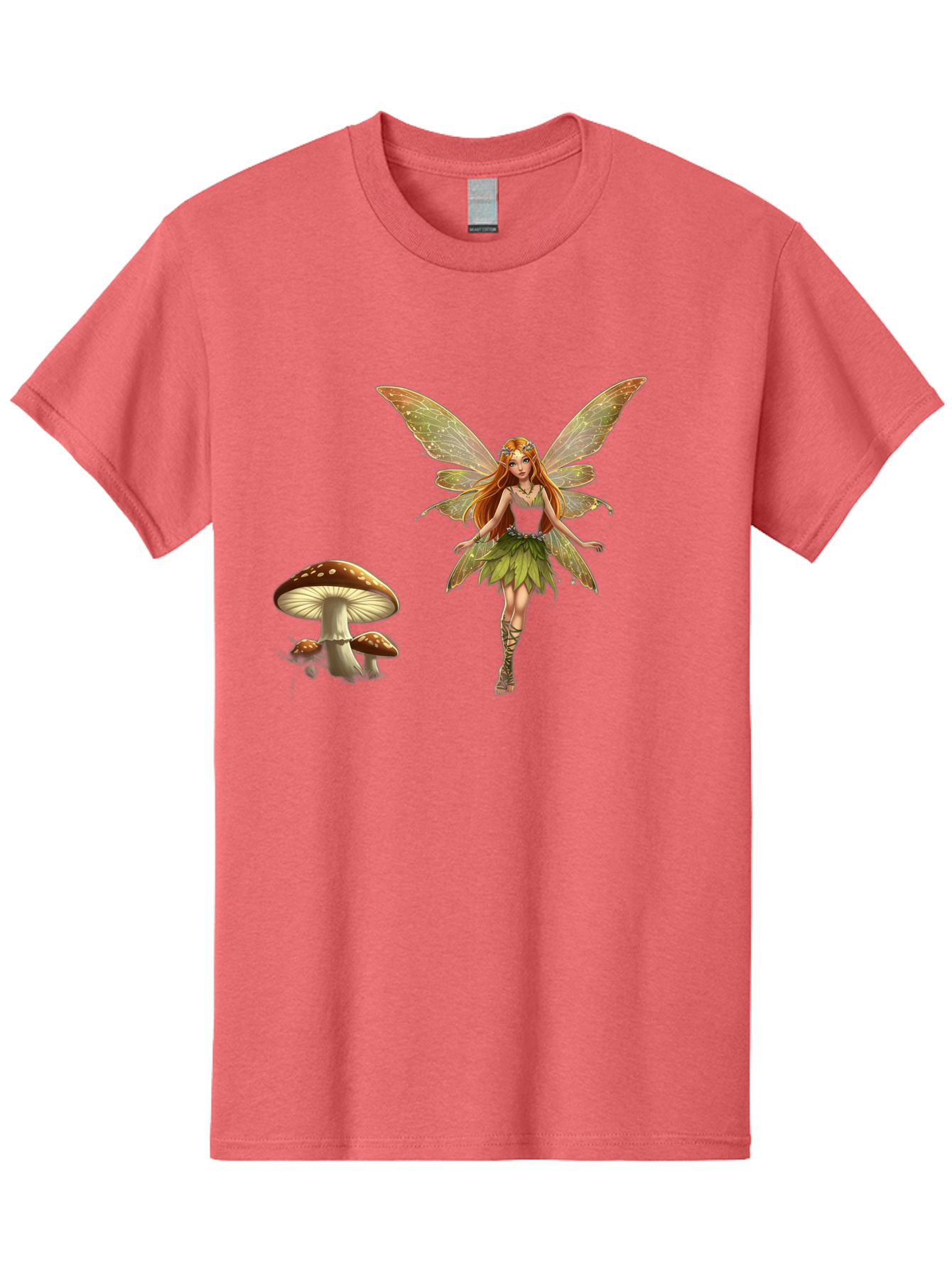 Fairy-With-Mushrooms Men'S Graphic Tee, 100% Cotton, Comfortable Casual Summer Wear, Machine Washable, Fairy With Wings, Green Dress, Red Hair, Mushrooms, Fantasy Creature, Mythical Being, Magical, Mystical, Whimsical, Enchanting Bab895