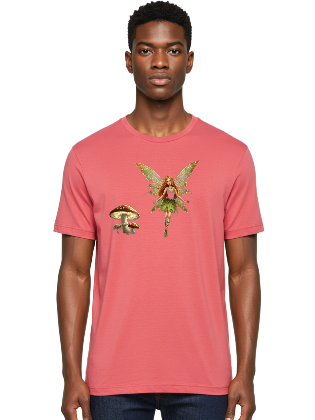 Fairy-With-Mushrooms Men'S Graphic Tee, 100% Cotton, Comfortable Casual Summer Wear, Machine Washable, Fairy With Wings, Green Dress, Red Hair, Mushrooms, Fantasy Creature, Mythical Being, Magical, Mystical, Whimsical, Enchanting Bab895