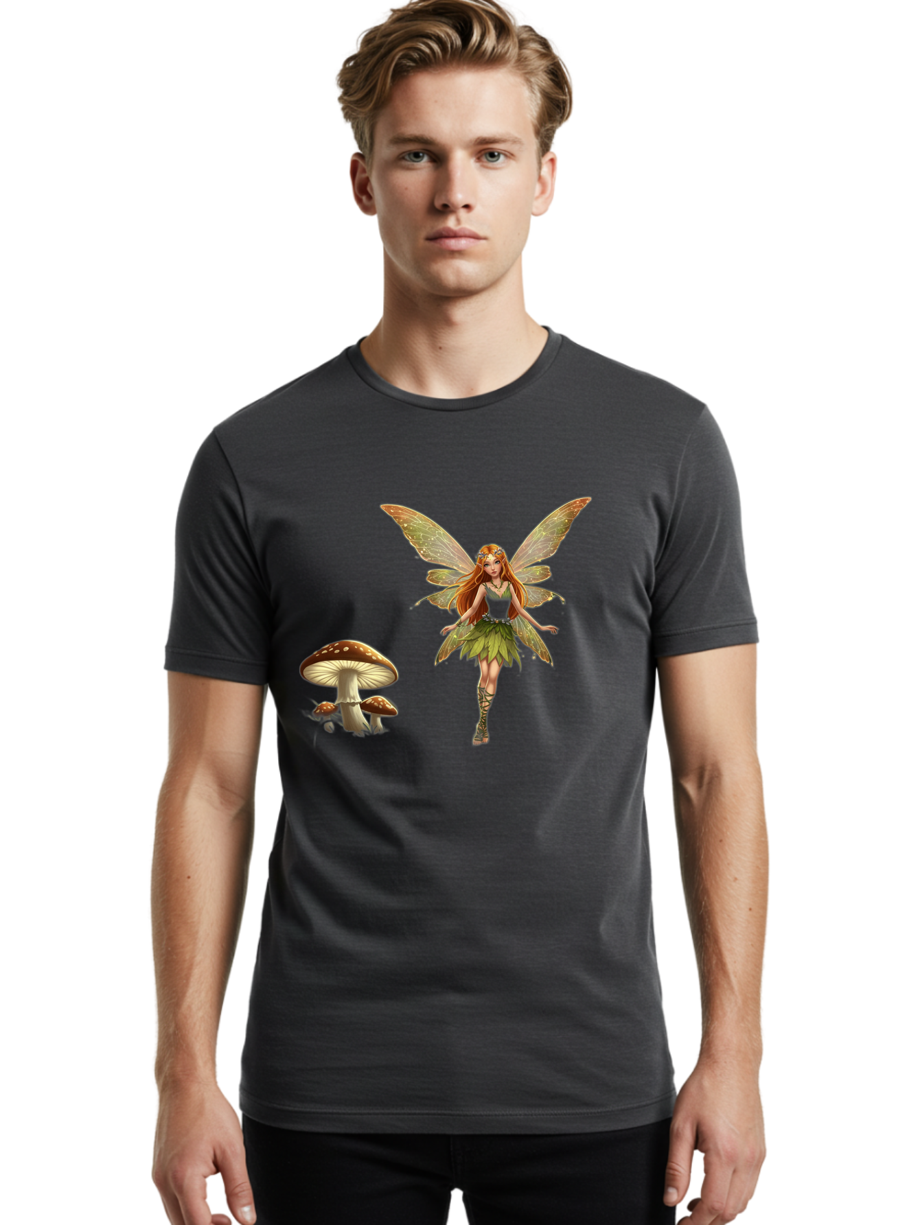 Fairy-With-Mushrooms Men'S Graphic Tee, 100% Cotton, Comfortable Casual Summer Wear, Machine Washable, Fairy With Wings, Green Dress, Red Hair, Mushrooms, Fantasy Creature, Mythical Being, Magical, Mystical, Whimsical, Enchanting Bab895