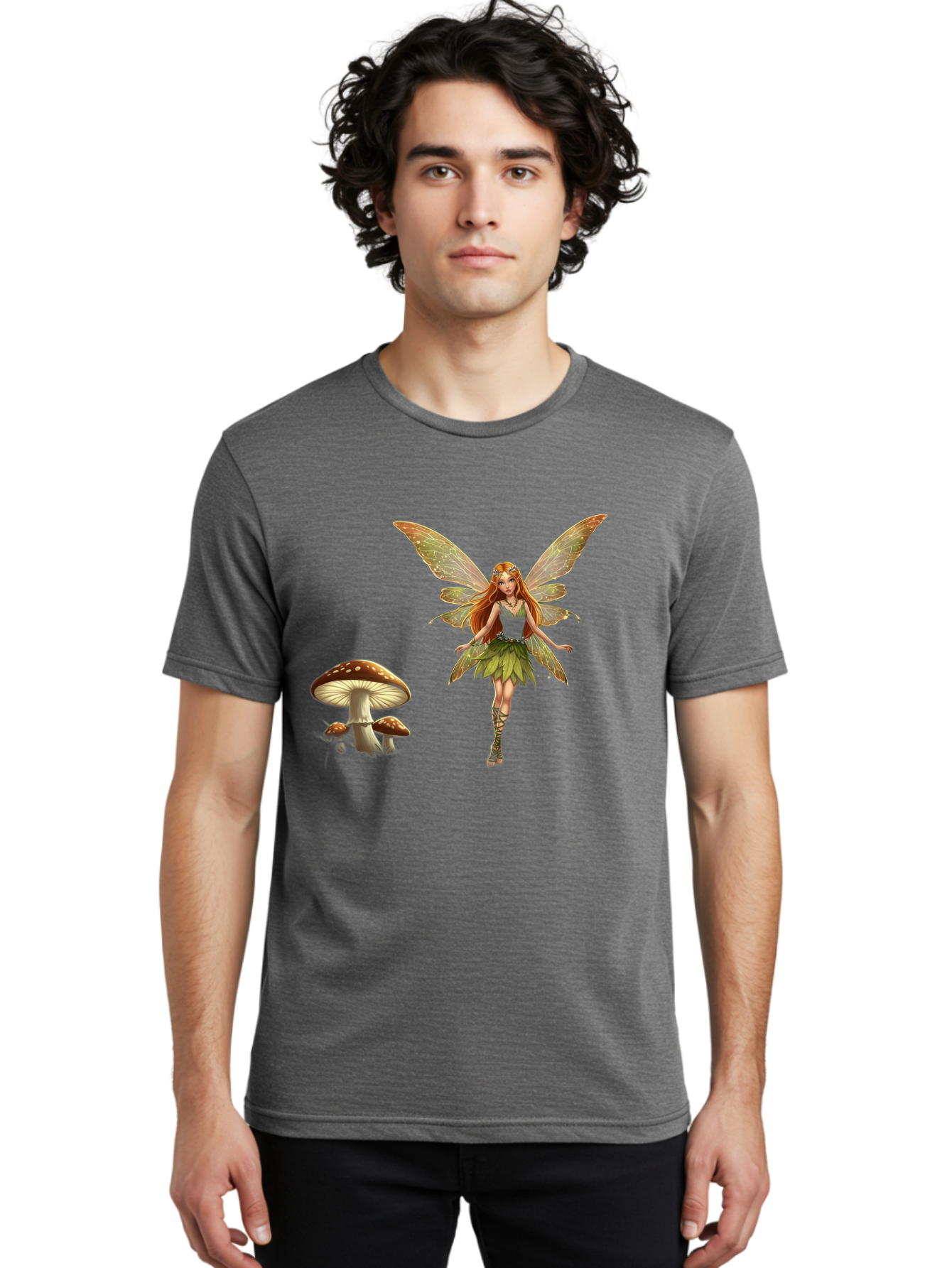 Fairy-With-Mushrooms Men'S Graphic Tee, 100% Cotton, Comfortable Casual Summer Wear, Machine Washable, Fairy With Wings, Green Dress, Red Hair, Mushrooms, Fantasy Creature, Mythical Being, Magical, Mystical, Whimsical, Enchanting Bab895