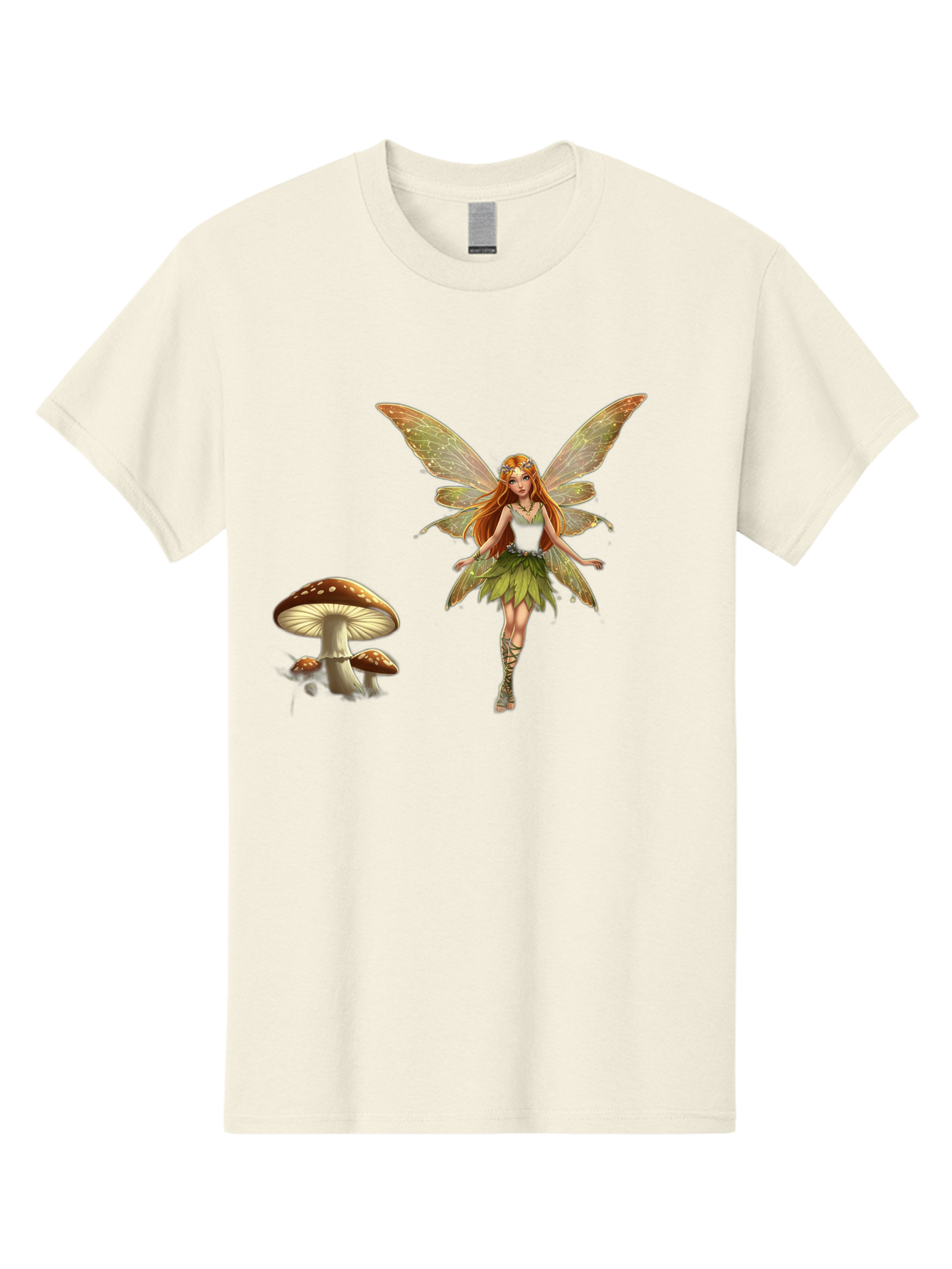 Fairy-With-Mushrooms Men'S Graphic Tee, 100% Cotton, Comfortable Casual Summer Wear, Machine Washable, Fairy With Wings, Green Dress, Red Hair, Mushrooms, Fantasy Creature, Mythical Being, Magical, Mystical, Whimsical, Enchanting Bab895