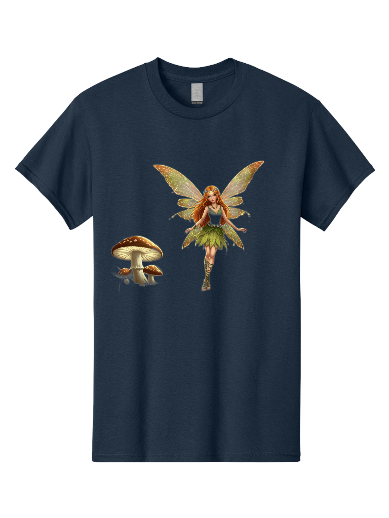 Fairy-With-Mushrooms Men'S Graphic Tee, 100% Cotton, Comfortable Casual Summer Wear, Machine Washable, Fairy With Wings, Green Dress, Red Hair, Mushrooms, Fantasy Creature, Mythical Being, Magical, Mystical, Whimsical, Enchanting Bab895