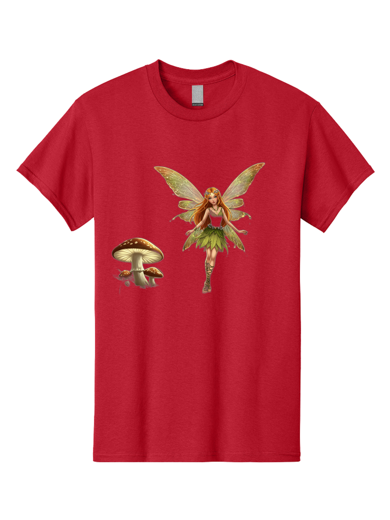 Fairy-With-Mushrooms Men'S Graphic Tee, 100% Cotton, Comfortable Casual Summer Wear, Machine Washable, Fairy With Wings, Green Dress, Red Hair, Mushrooms, Fantasy Creature, Mythical Being, Magical, Mystical, Whimsical, Enchanting Bab895