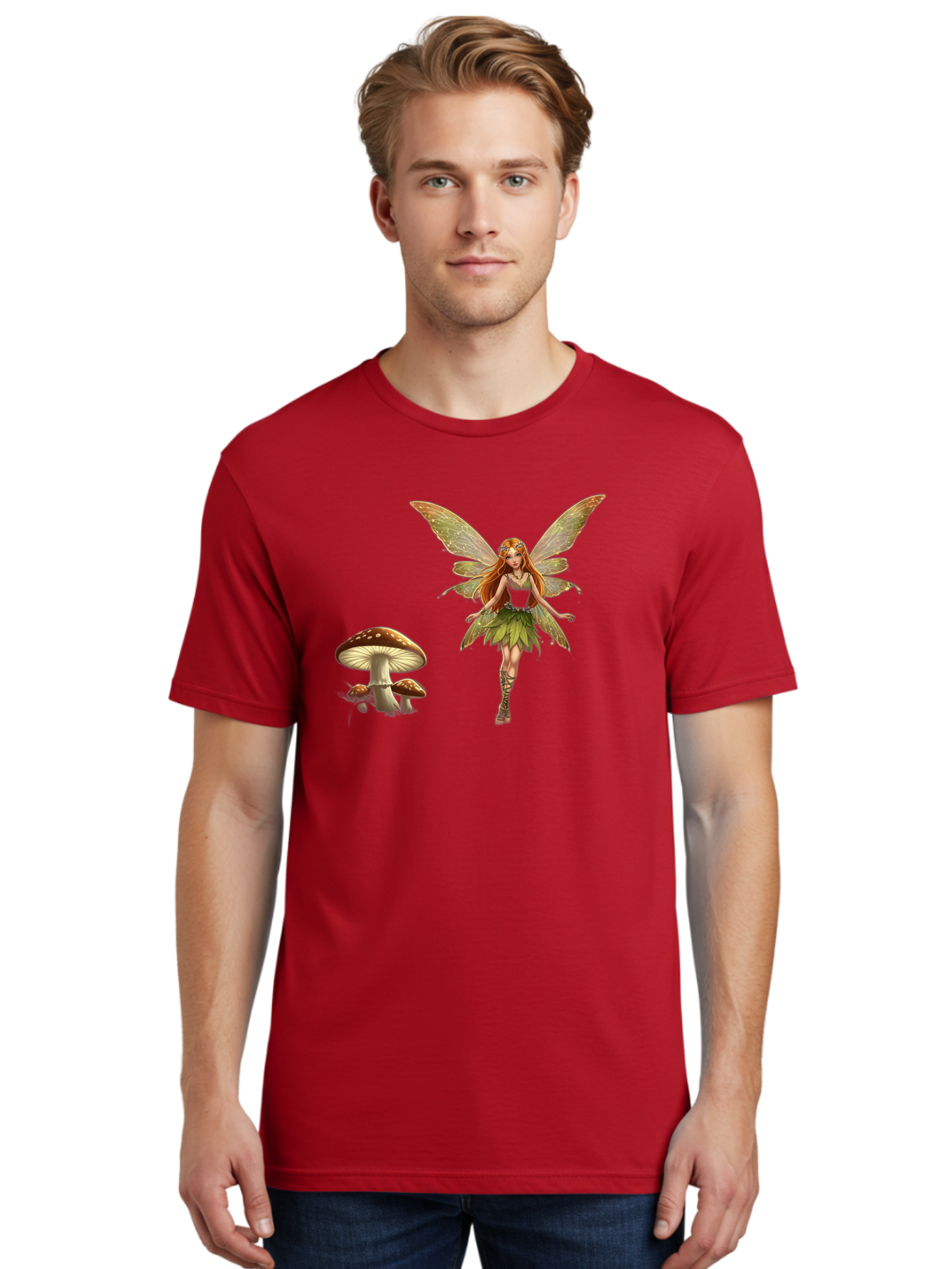 Fairy-With-Mushrooms Men'S Graphic Tee, 100% Cotton, Comfortable Casual Summer Wear, Machine Washable, Fairy With Wings, Green Dress, Red Hair, Mushrooms, Fantasy Creature, Mythical Being, Magical, Mystical, Whimsical, Enchanting Bab895