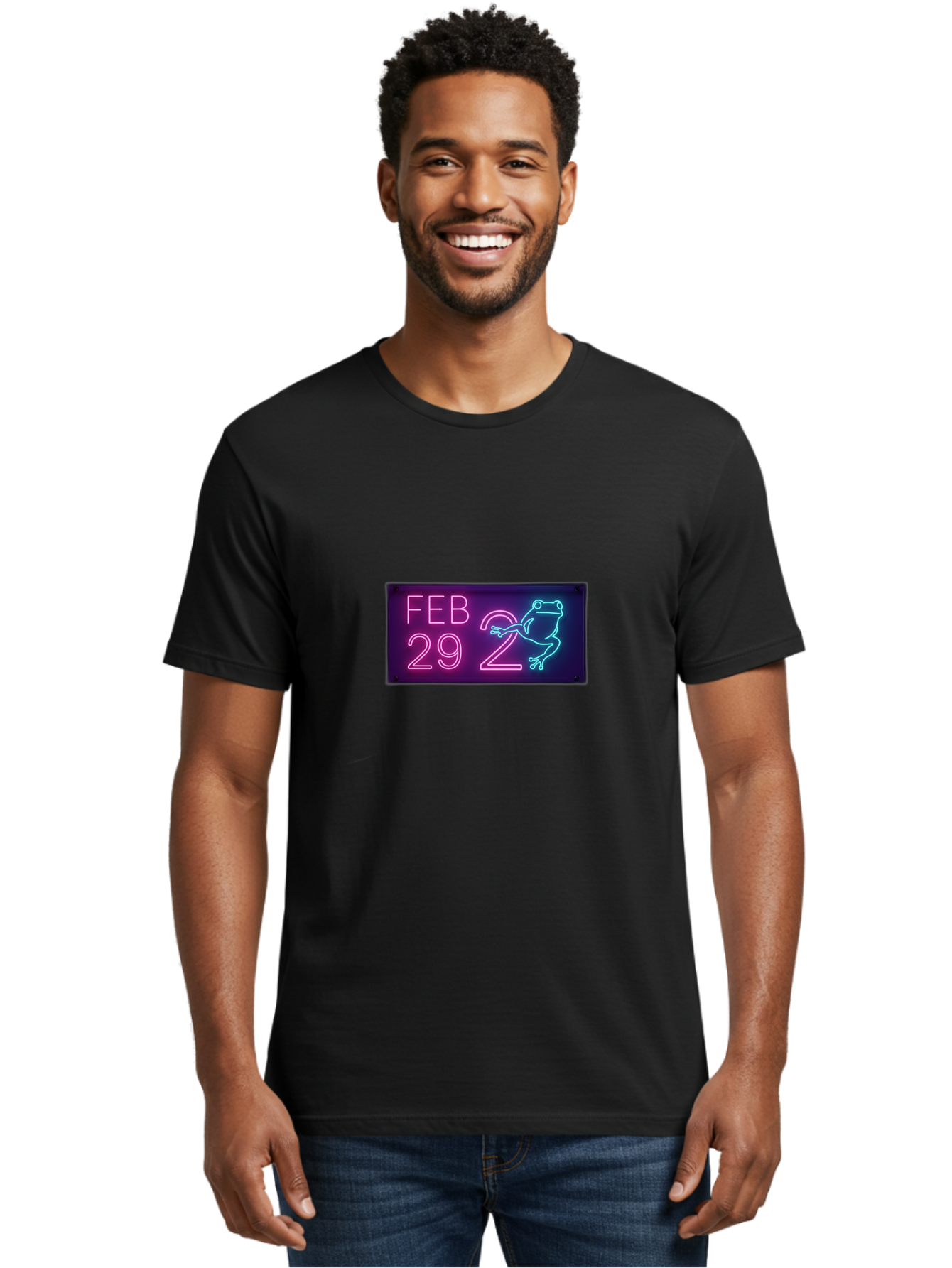 Feb-29-2 Men'S Graphic Tee, 100% Cotton, Comfortable Casual Summer Wear, Machine Washable, Leap Day, February 29, Neon Sign, Pink And Blue Neon, Frog Illustration, Unique Date, Quirky Design, Purple Background Bab897