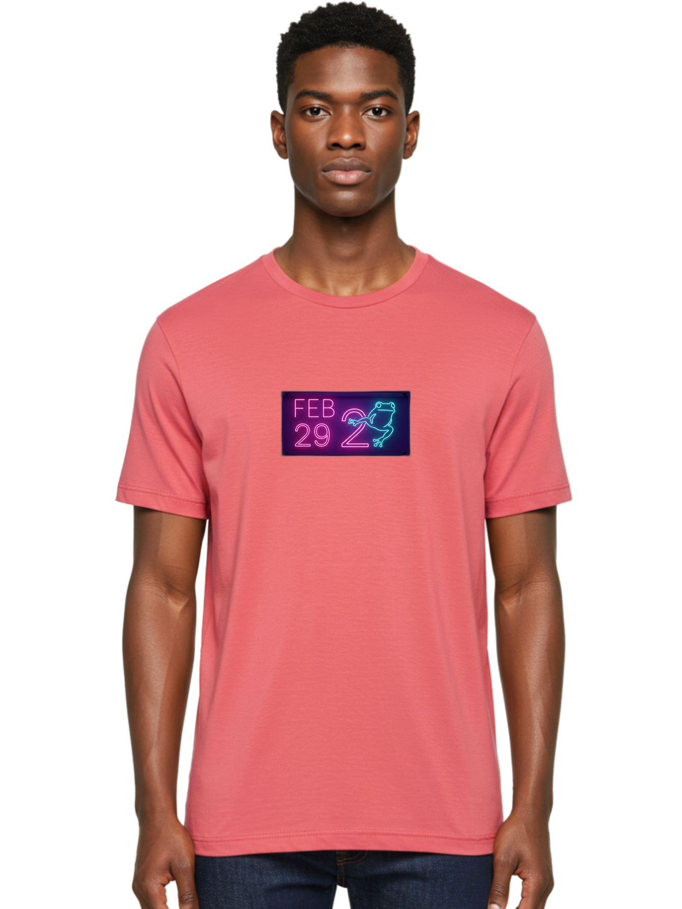 Feb-29-2 Men'S Graphic Tee, 100% Cotton, Comfortable Casual Summer Wear, Machine Washable, Leap Day, February 29, Neon Sign, Pink And Blue Neon, Frog Illustration, Unique Date, Quirky Design, Purple Background Bab897