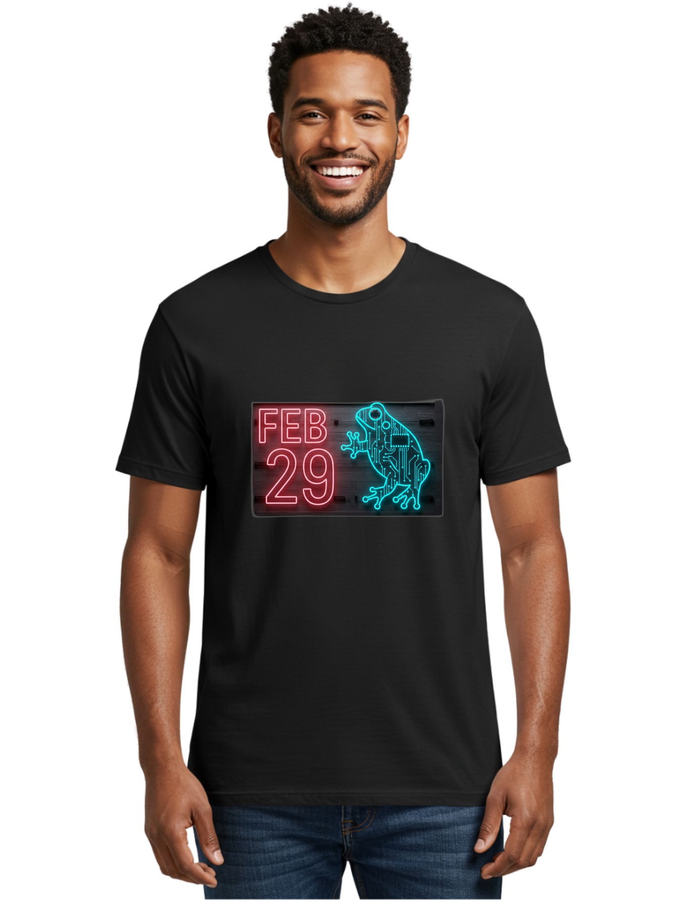 Feb-29-3 Men'S Graphic Tee, 100% Cotton, Comfortable Casual Summer Wear, Machine Washable, Neon Sign, Cyberpunk Frog, Futuristic Design, February 29, Robotic Amphibian, Tech-Inspired Art, Futuristic Creature, Circuit Frog, Glowing Neon, Bab898