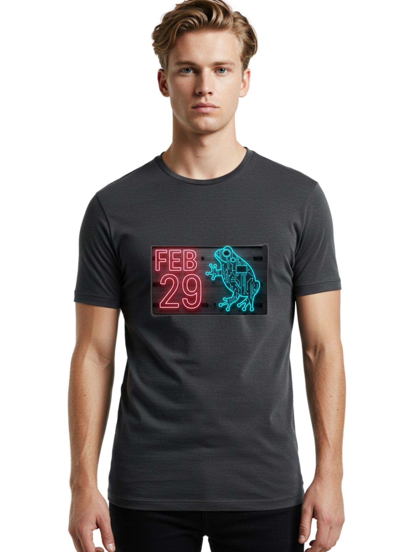 Feb-29-3 Men'S Graphic Tee, 100% Cotton, Comfortable Casual Summer Wear, Machine Washable, Neon Sign, Cyberpunk Frog, Futuristic Design, February 29, Robotic Amphibian, Tech-Inspired Art, Futuristic Creature, Circuit Frog, Glowing Neon, Bab898
