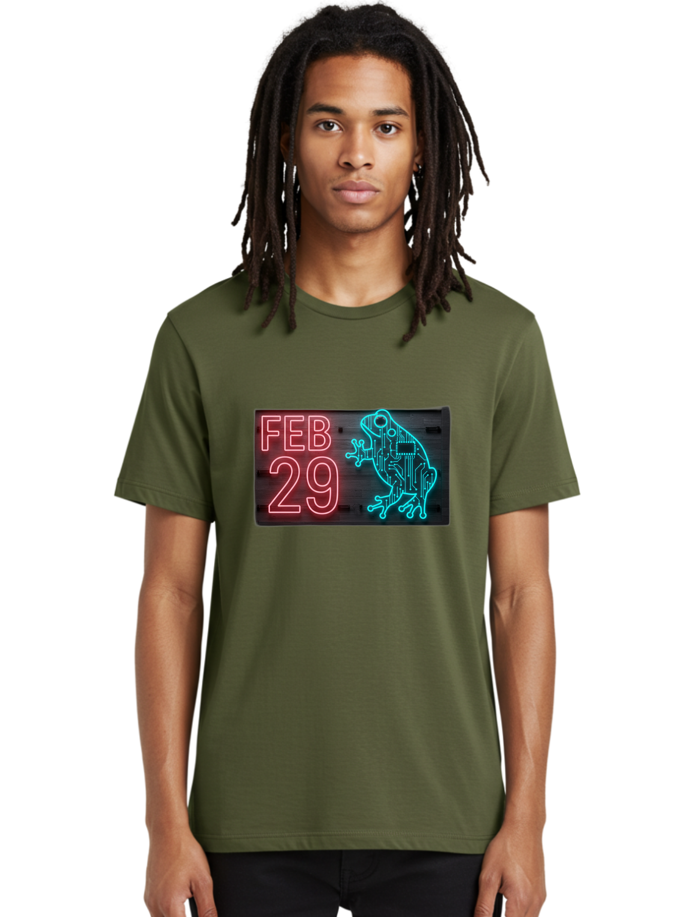 Feb-29-3 Men'S Graphic Tee, 100% Cotton, Comfortable Casual Summer Wear, Machine Washable, Neon Sign, Cyberpunk Frog, Futuristic Design, February 29, Robotic Amphibian, Tech-Inspired Art, Futuristic Creature, Circuit Frog, Glowing Neon, Bab898