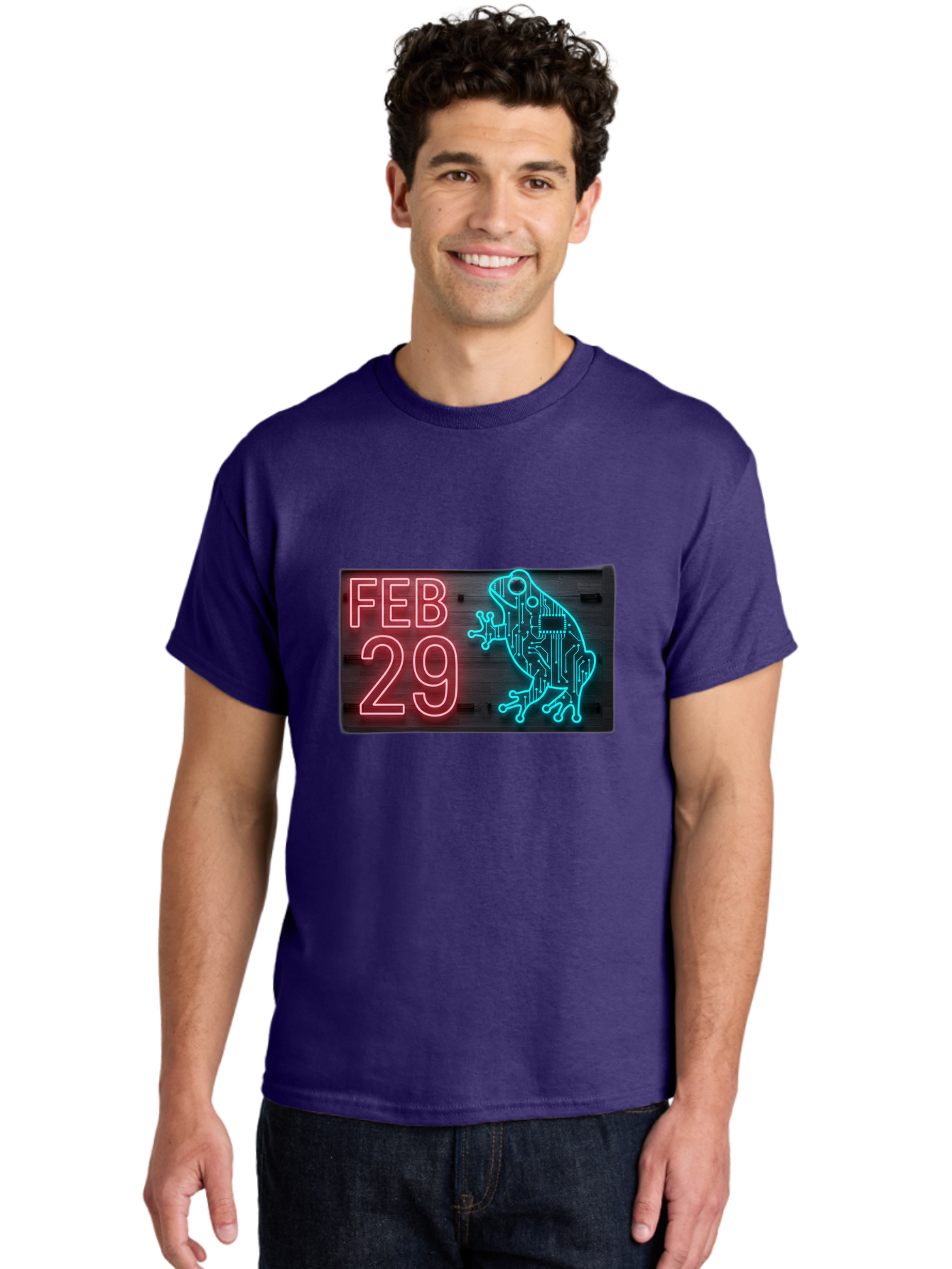 Feb-29-3 Men'S Graphic Tee, 100% Cotton, Comfortable Casual Summer Wear, Machine Washable, Neon Sign, Cyberpunk Frog, Futuristic Design, February 29, Robotic Amphibian, Tech-Inspired Art, Futuristic Creature, Circuit Frog, Glowing Neon, Bab898