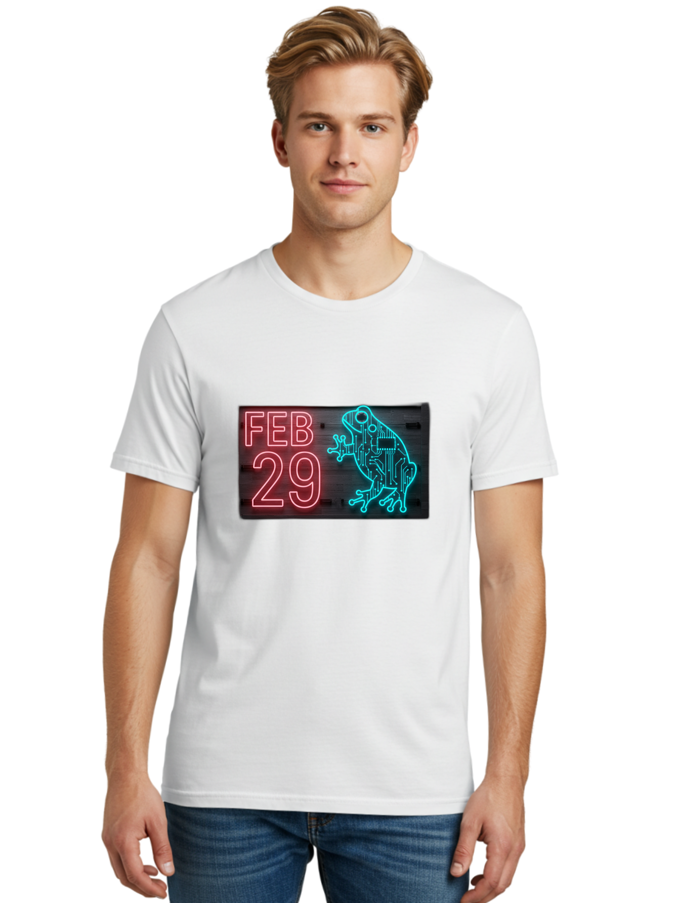 Feb-29-3 Men'S Graphic Tee, 100% Cotton, Comfortable Casual Summer Wear, Machine Washable, Neon Sign, Cyberpunk Frog, Futuristic Design, February 29, Robotic Amphibian, Tech-Inspired Art, Futuristic Creature, Circuit Frog, Glowing Neon, Bab898