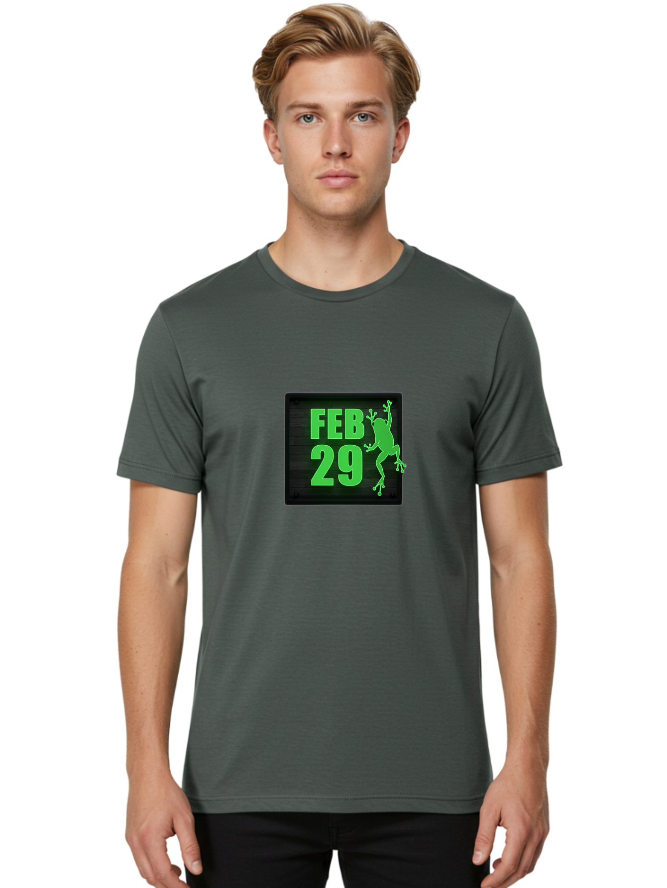 Feb-29 Men'S Graphic Tee, 100% Cotton, Comfortable Casual Summer Wear, Machine Washable, February 29, Leap Day, Frog Silhouette, Green Text, Black Sign, Fun Design, Quirky Graphics, Festive Elements, Unique Calendar Date Bab900